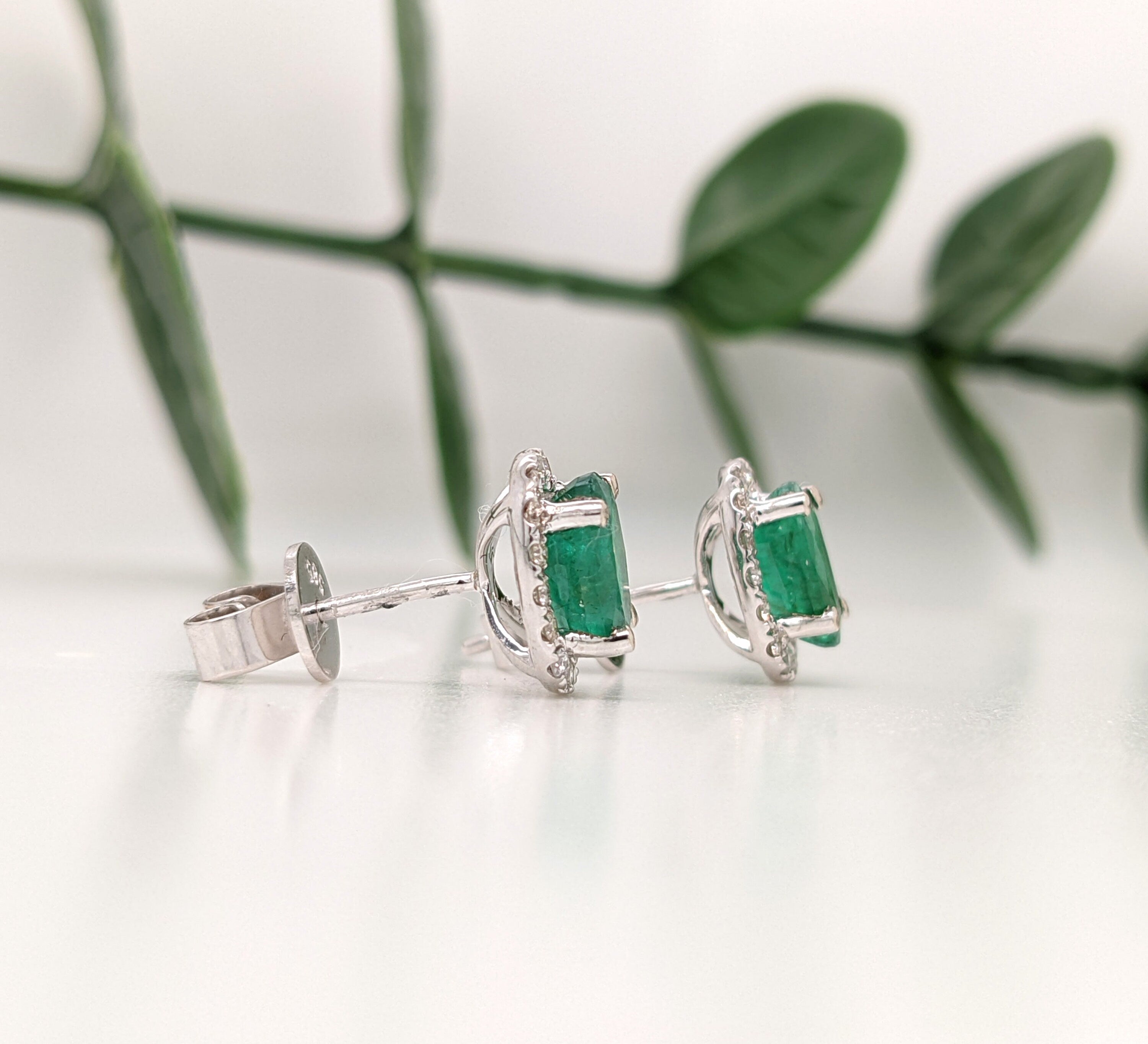 Stud Earrings-Vibrant Green Emeralds in 14K White Gold w Pave Diamond Halo | Oval 7x5mm | May Birthstone | Staple Earrings | Daily Wear | Secure Push Back - NNJGemstones