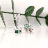 Stud Earrings-Vibrant Green Emeralds in 14K White Gold w Pave Diamond Halo | Oval 7x5mm | May Birthstone | Staple Earrings | Daily Wear | Secure Push Back - NNJGemstones