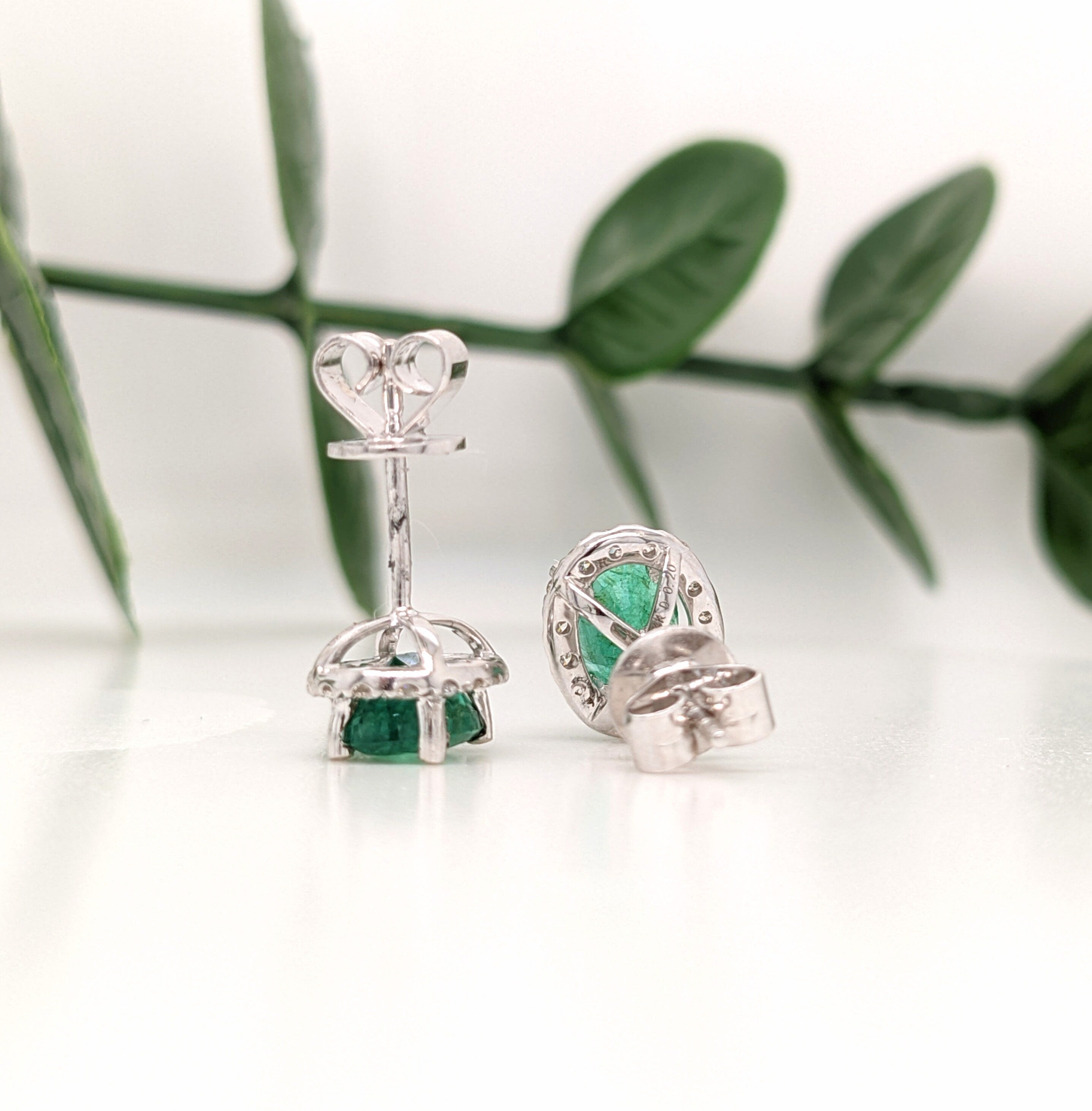 Stud Earrings-Vibrant Green Emeralds in 14K White Gold w Pave Diamond Halo | Oval 7x5mm | May Birthstone | Staple Earrings | Daily Wear | Secure Push Back - NNJGemstones