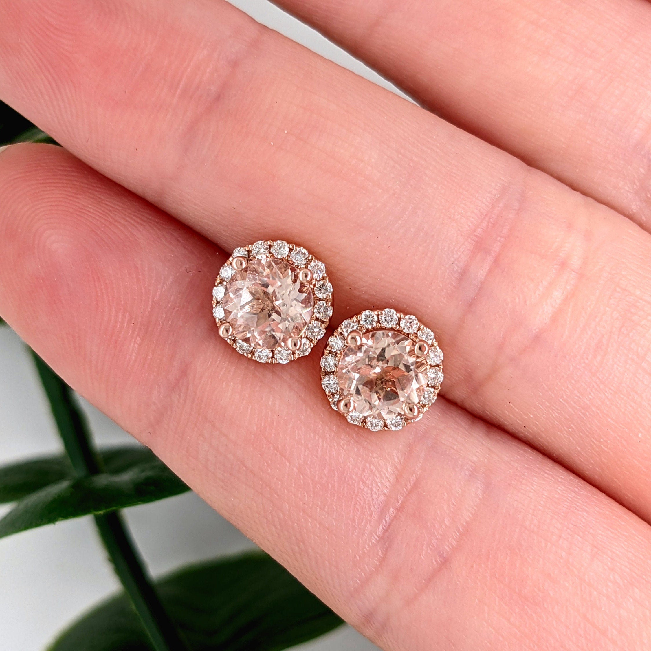 Stud Earrings-Cor de Rosa Morganite Diamond Halo Earrings 14K Gold | Round 6mm | Pink Gemstone Studs | Daily Wear Jewelry | November Birthstone | Custom - NNJGemstones