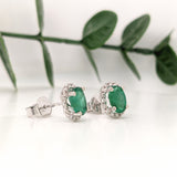 Stud Earrings-Vibrant Green Emeralds in 14K White Gold w Pave Diamond Halo | Oval 7x5mm | May Birthstone | Staple Earrings | Daily Wear | Secure Push Back - NNJGemstones