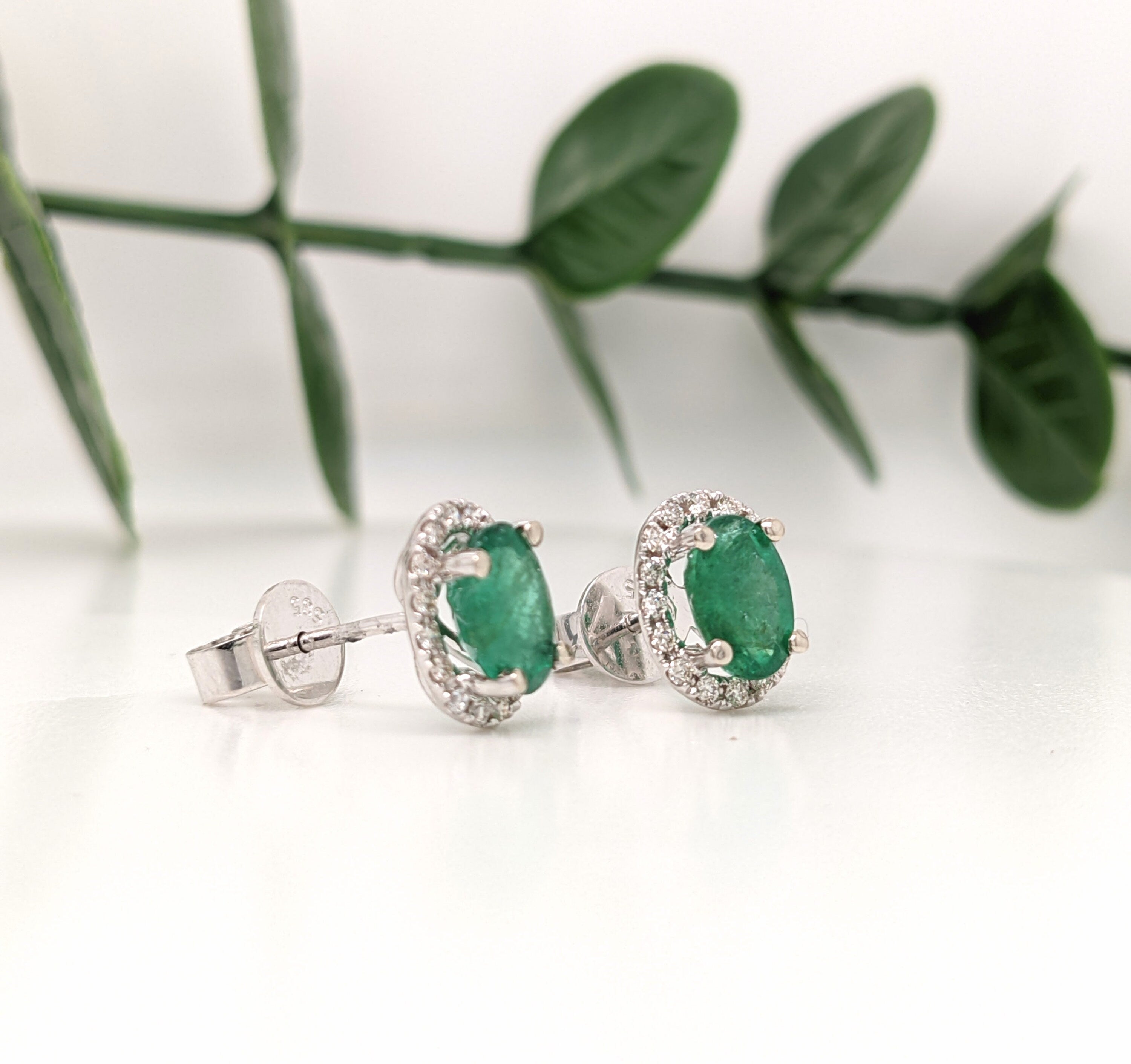 Stud Earrings-Vibrant Green Emeralds in 14K White Gold w Pave Diamond Halo | Oval 7x5mm | May Birthstone | Staple Earrings | Daily Wear | Secure Push Back - NNJGemstones