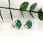 Stud Earrings-Vibrant Green Emeralds in 14K White Gold w Pave Diamond Halo | Oval 7x5mm | May Birthstone | Staple Earrings | Daily Wear | Secure Push Back - NNJGemstones