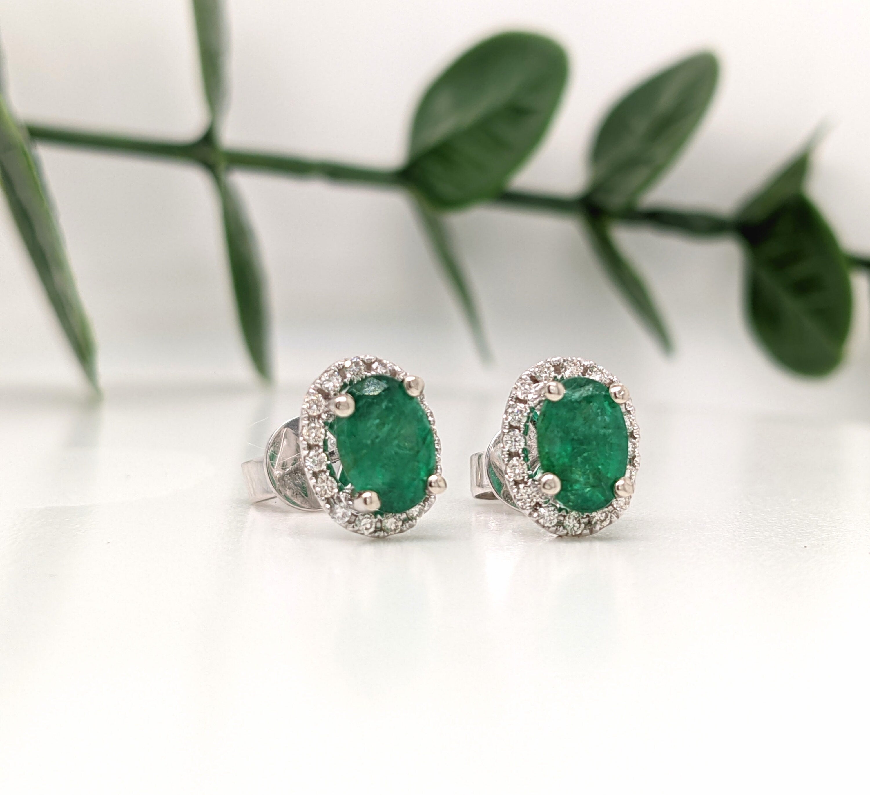 Stud Earrings-Vibrant Green Emeralds in 14K White Gold w Pave Diamond Halo | Oval 7x5mm | May Birthstone | Staple Earrings | Daily Wear | Secure Push Back - NNJGemstones