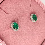 Stud Earrings-Vibrant Green Emeralds in 14K White Gold w Pave Diamond Halo | Oval 7x5mm | May Birthstone | Staple Earrings | Daily Wear | Secure Push Back - NNJGemstones