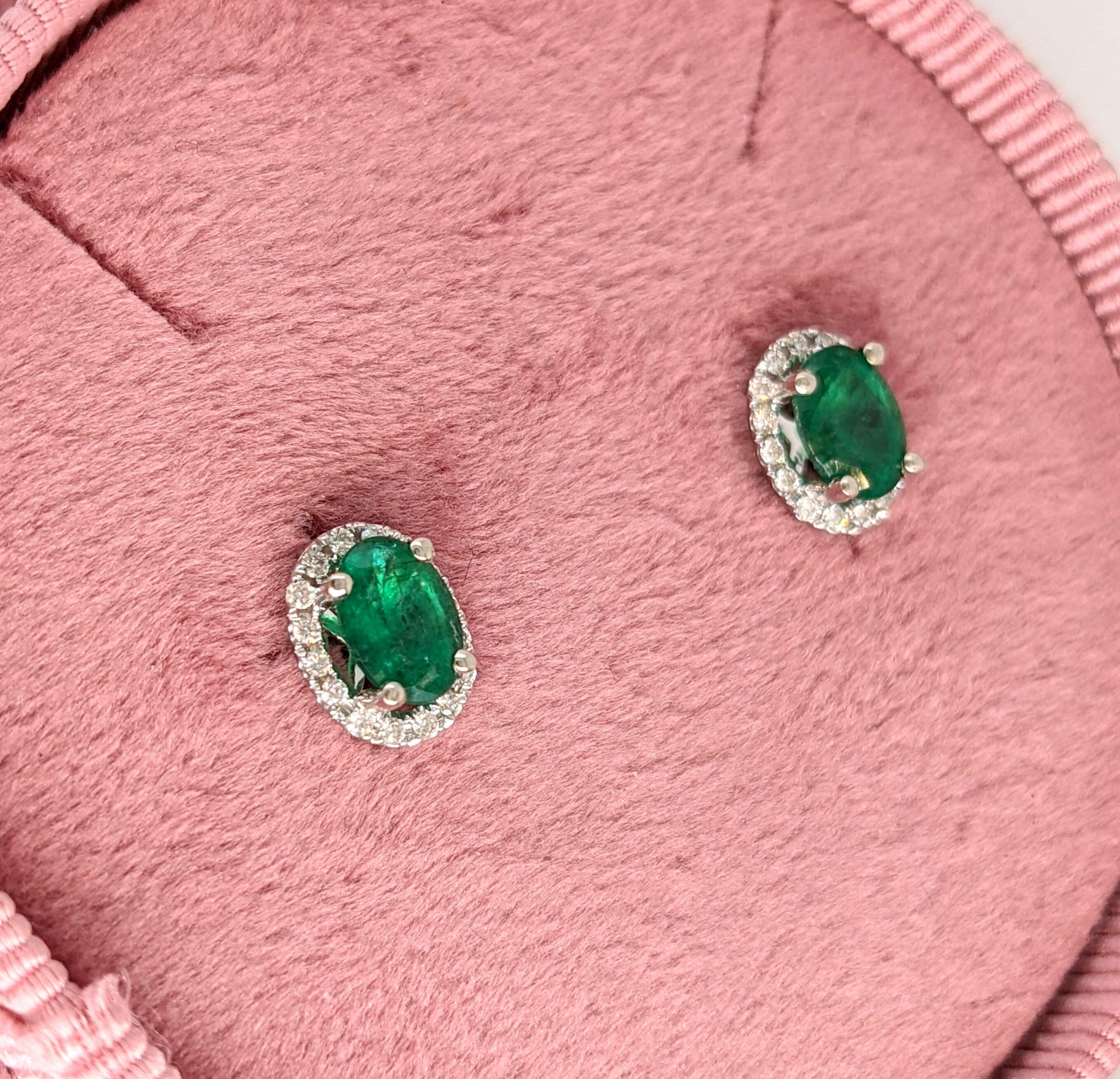 Stud Earrings-Vibrant Green Emeralds in 14K White Gold w Pave Diamond Halo | Oval 7x5mm | May Birthstone | Staple Earrings | Daily Wear | Secure Push Back - NNJGemstones