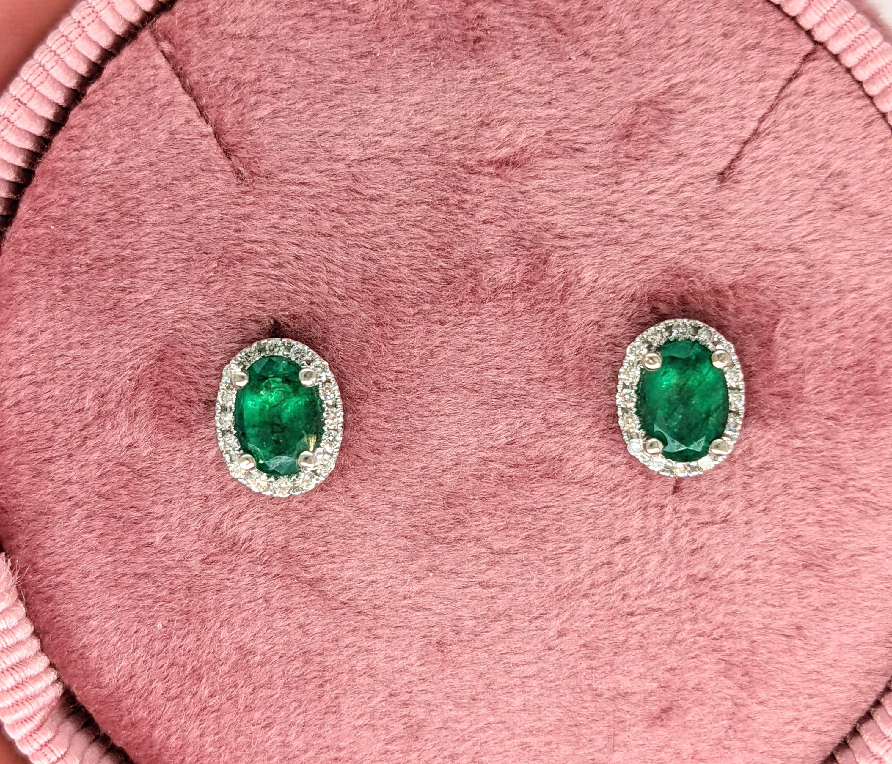 Stud Earrings-Vibrant Green Emeralds in 14K White Gold w Pave Diamond Halo | Oval 7x5mm | May Birthstone | Staple Earrings | Daily Wear | Secure Push Back - NNJGemstones