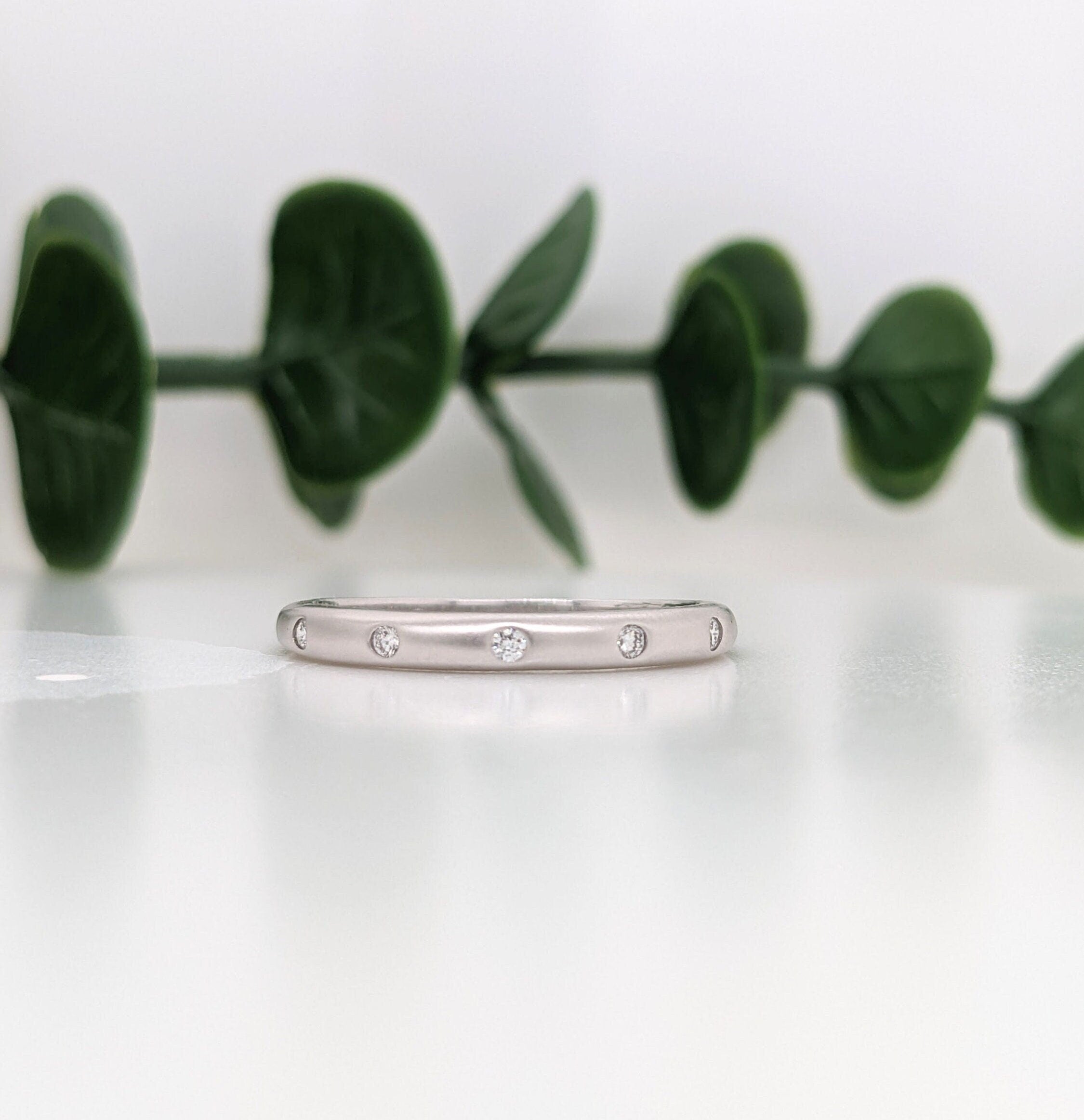 Wedding Bands-Lovely Diamond Band in Yellow, White or Rose Solid 14k Matte Gold | Stacking Band | Wedding Band | April Birthstone | Bezel Set | Flush Set - NNJGemstones