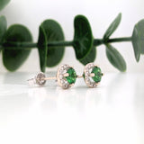 Stud Earrings-Vibrant Green Tsavorite Garnet Earrings in Solid 14K White Gold w Diamond Halo | Round 5mm | January Birthstone | Gemstone Stud | Push Back - NNJGemstones