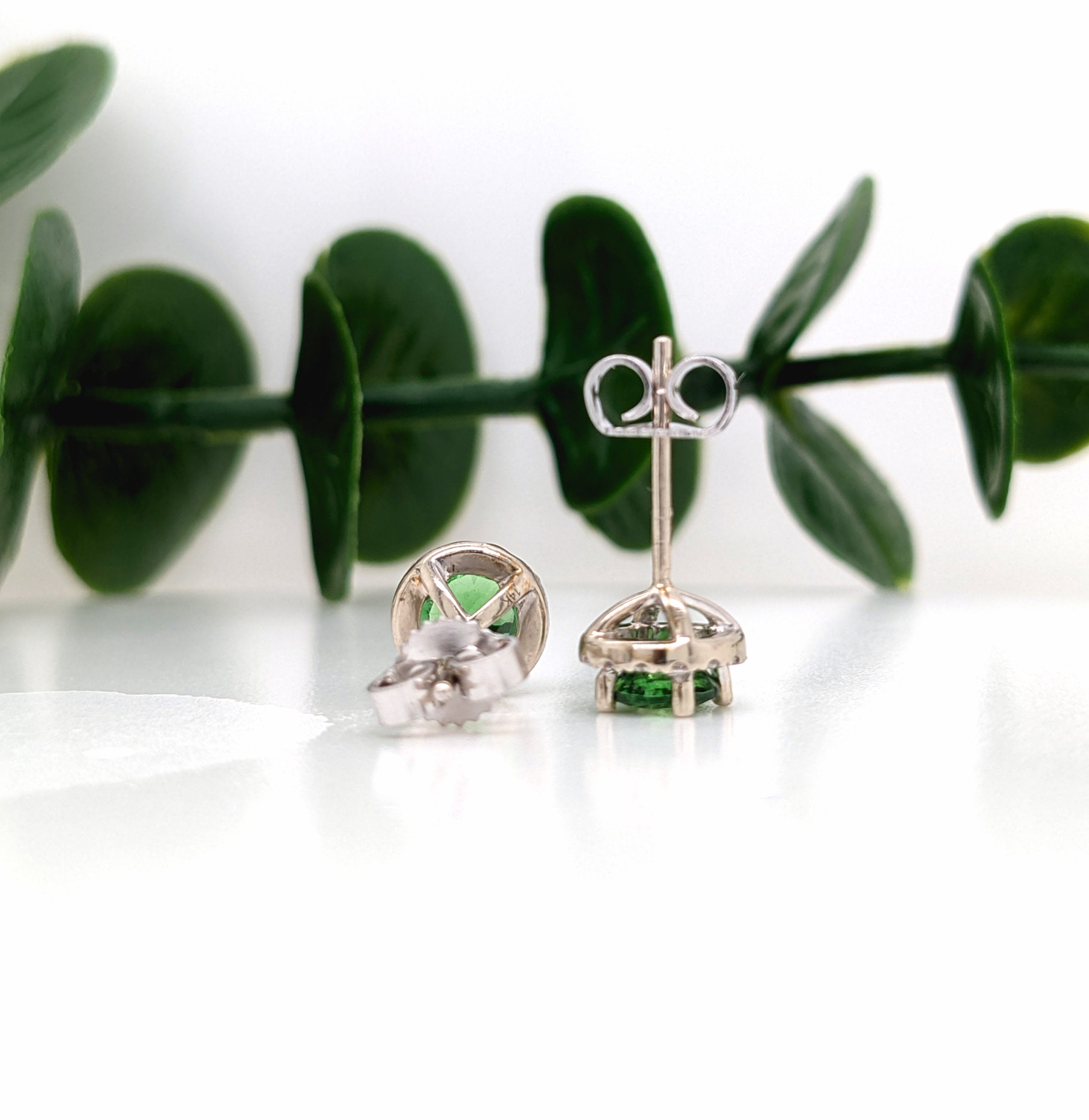 Stud Earrings-Vibrant Green Tsavorite Garnet Earrings in Solid 14K White Gold w Diamond Halo | Round 5mm | January Birthstone | Gemstone Stud | Push Back - NNJGemstones