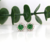 Stud Earrings-Vibrant Green Tsavorite Garnet Earrings in Solid 14K White Gold w Diamond Halo | Round 5mm | January Birthstone | Gemstone Stud | Push Back - NNJGemstones