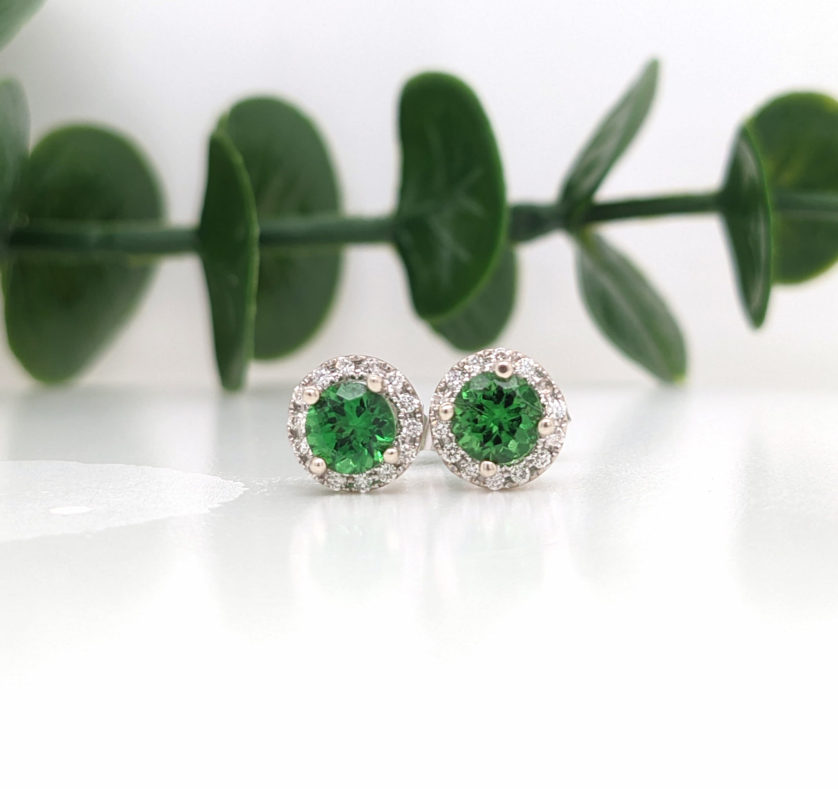 Stud Earrings-Vibrant Green Tsavorite Garnet Earrings in Solid 14K White Gold w Diamond Halo | Round 5mm | January Birthstone | Gemstone Stud | Push Back - NNJGemstones