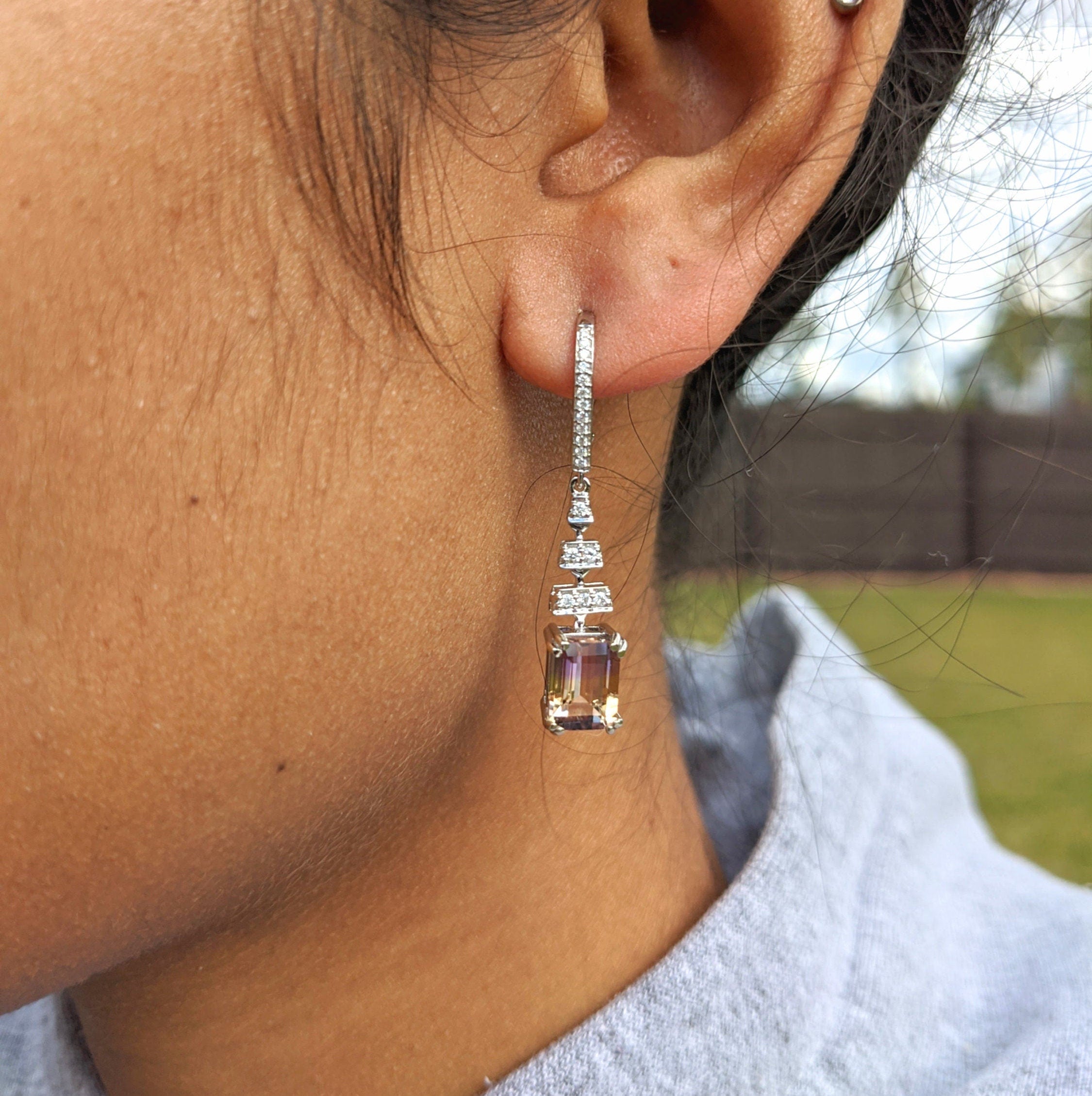 Dangle & Drop Earrings-Art Deco Drop Dangle Earring Semi Mount in 14K Gold with Diamond Accents | Emerald Cut 8x6mm | Radiant Cut | Customizable | Gemstone Earring - NNJGemstones