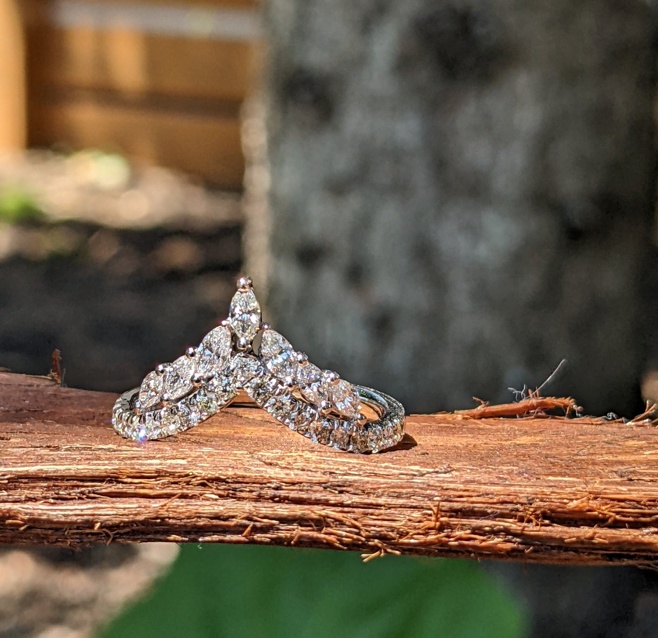 Stackable Rings-Stunning Curved Band Cast in Solid 14k Gold w Round and Marquise Diamond Accents | Stackable Wedding Band | Custom Ring | Statement Jewelry - NNJGemstones