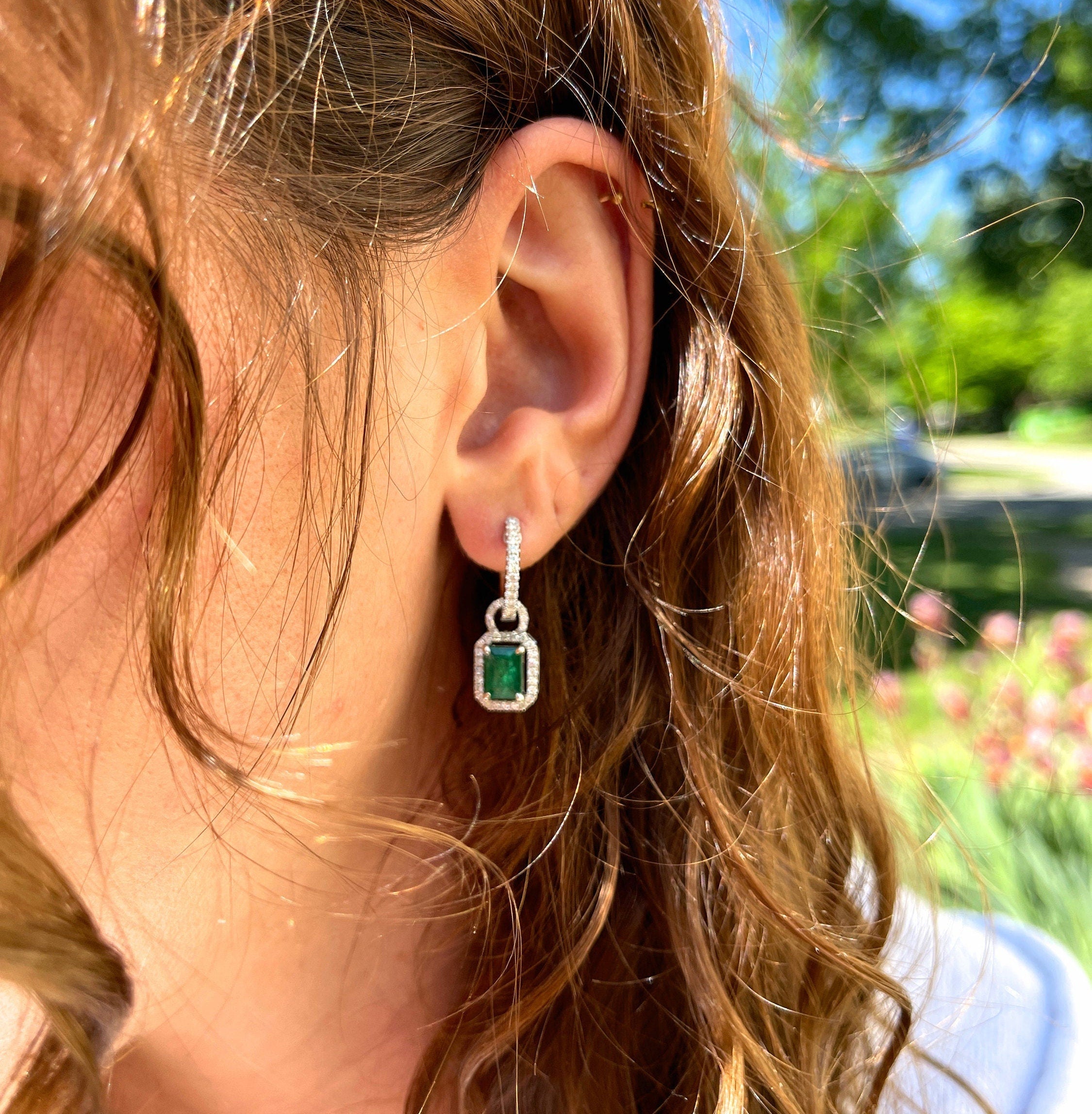Dangle & Drop Earrings-Pretty Diamond Studded Dangle Earring Semi Mount in Solid 14K Gold | Emerald Cut or Radiant Cut 7x5mm Setting | Pave Diamond Hoop | Custom - NNJGemstones