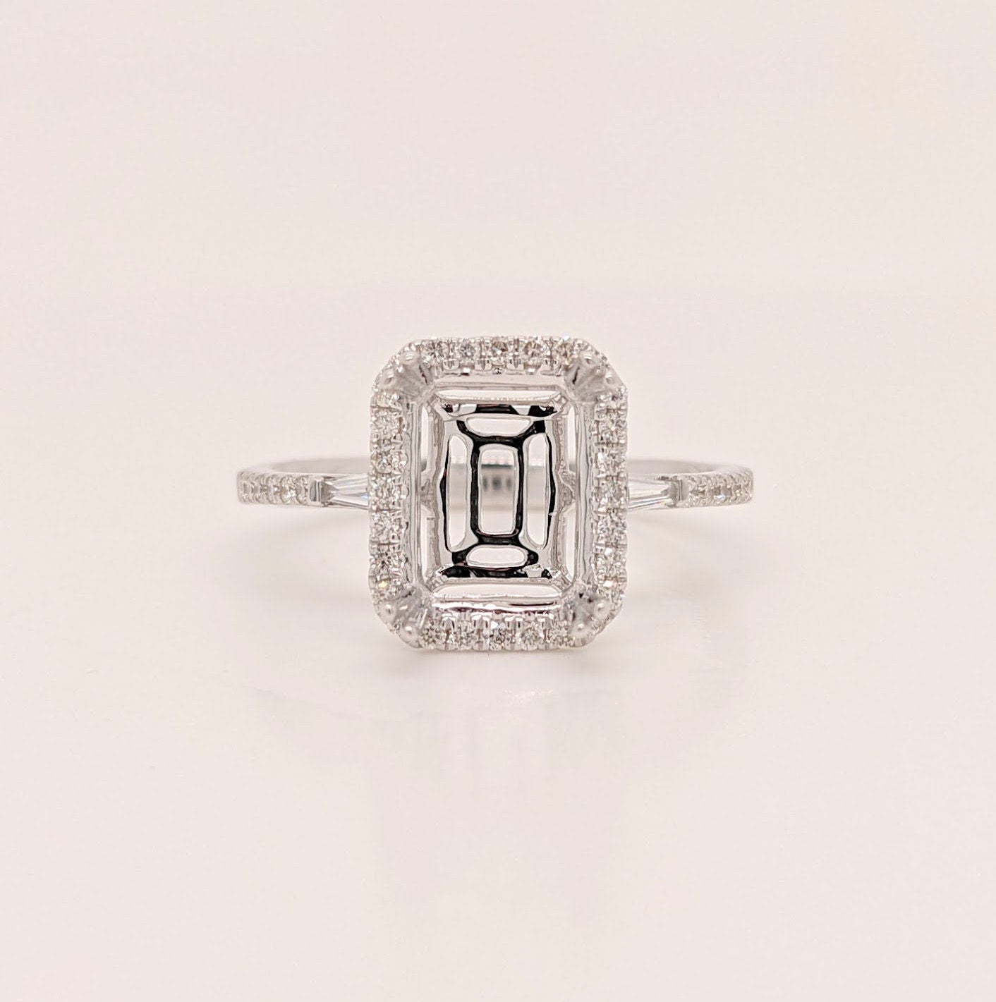 Engagement Rings-Lovely Diamond Halo Ring Setting with Accent Baguettes in Solid 14k White, Yellow or Rose Gold | Emerald Cut 7x5mm 8x6mm 9x7mm 10x8mm 11x9mm - NNJGemstones