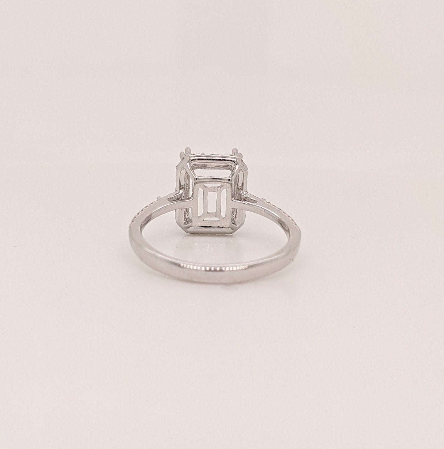 Engagement Rings-Lovely Diamond Halo Ring Setting with Accent Baguettes in Solid 14k White, Yellow or Rose Gold | Emerald Cut 7x5mm 8x6mm 9x7mm 10x8mm 11x9mm - NNJGemstones