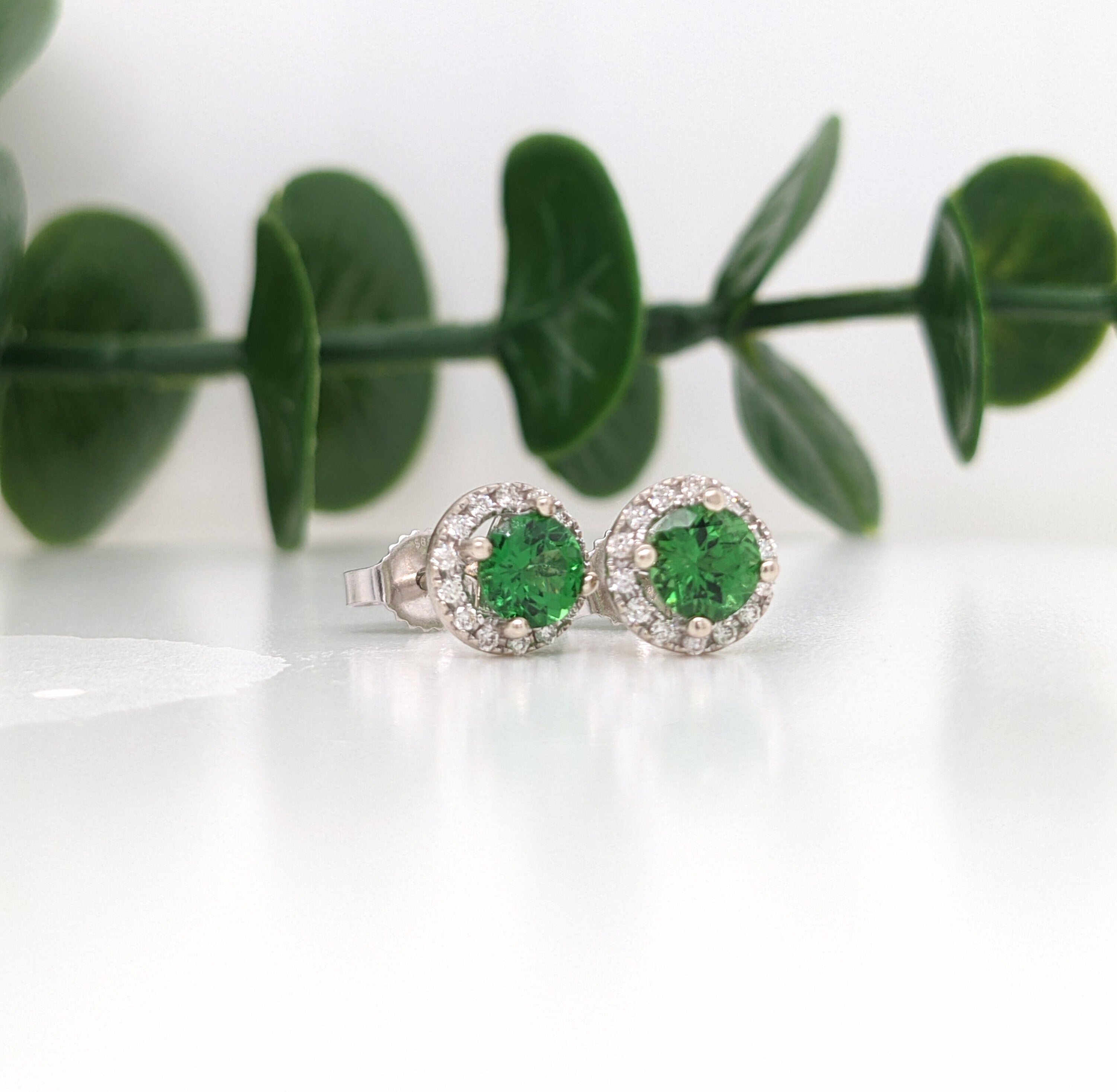 Stud Earrings-Vibrant Green Tsavorite Garnet Earrings in Solid 14K White Gold w Diamond Halo | Round 5mm | January Birthstone | Gemstone Stud | Push Back - NNJGemstones