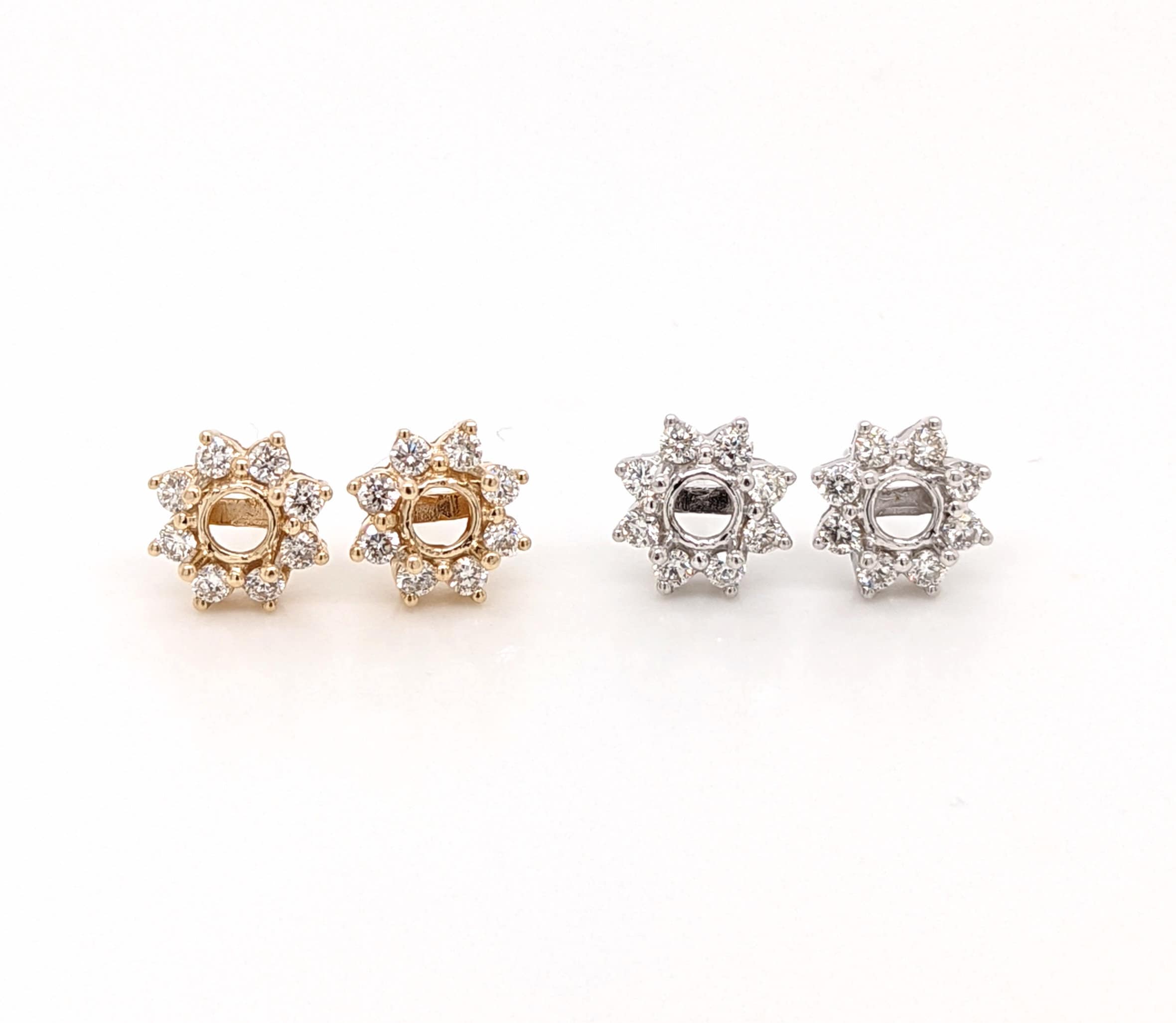 Stud Earrings-Floral Natural Diamond Halo Stud Earrings Setting in 14k Gold w Secure Push Back | Round 4mm | Snowflake Studs | Sun Earrings | Customizable - NNJGemstones