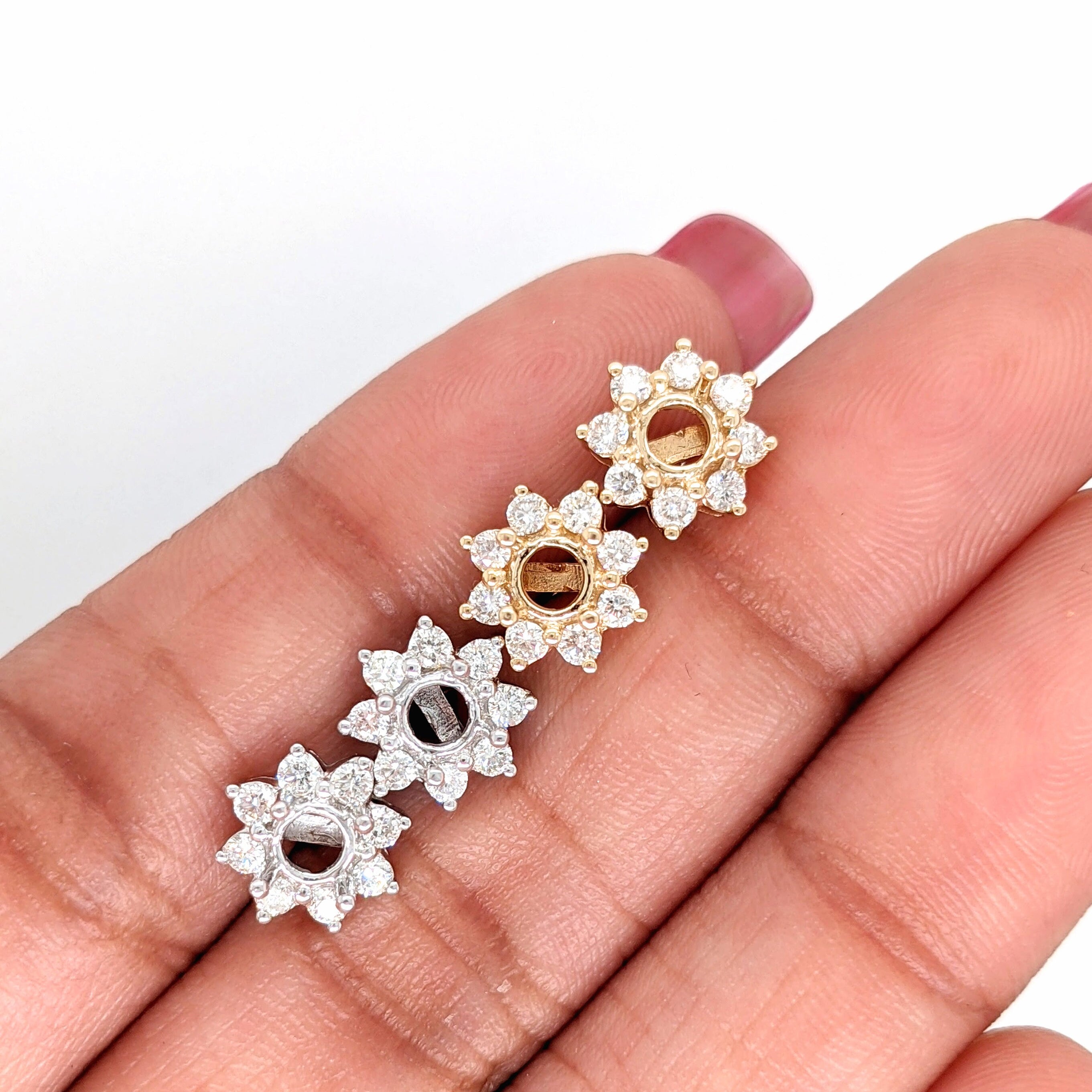 Stud Earrings-Floral Natural Diamond Halo Stud Earrings Setting in 14k Gold w Secure Push Back | Round 4mm | Snowflake Studs | Sun Earrings | Customizable - NNJGemstones
