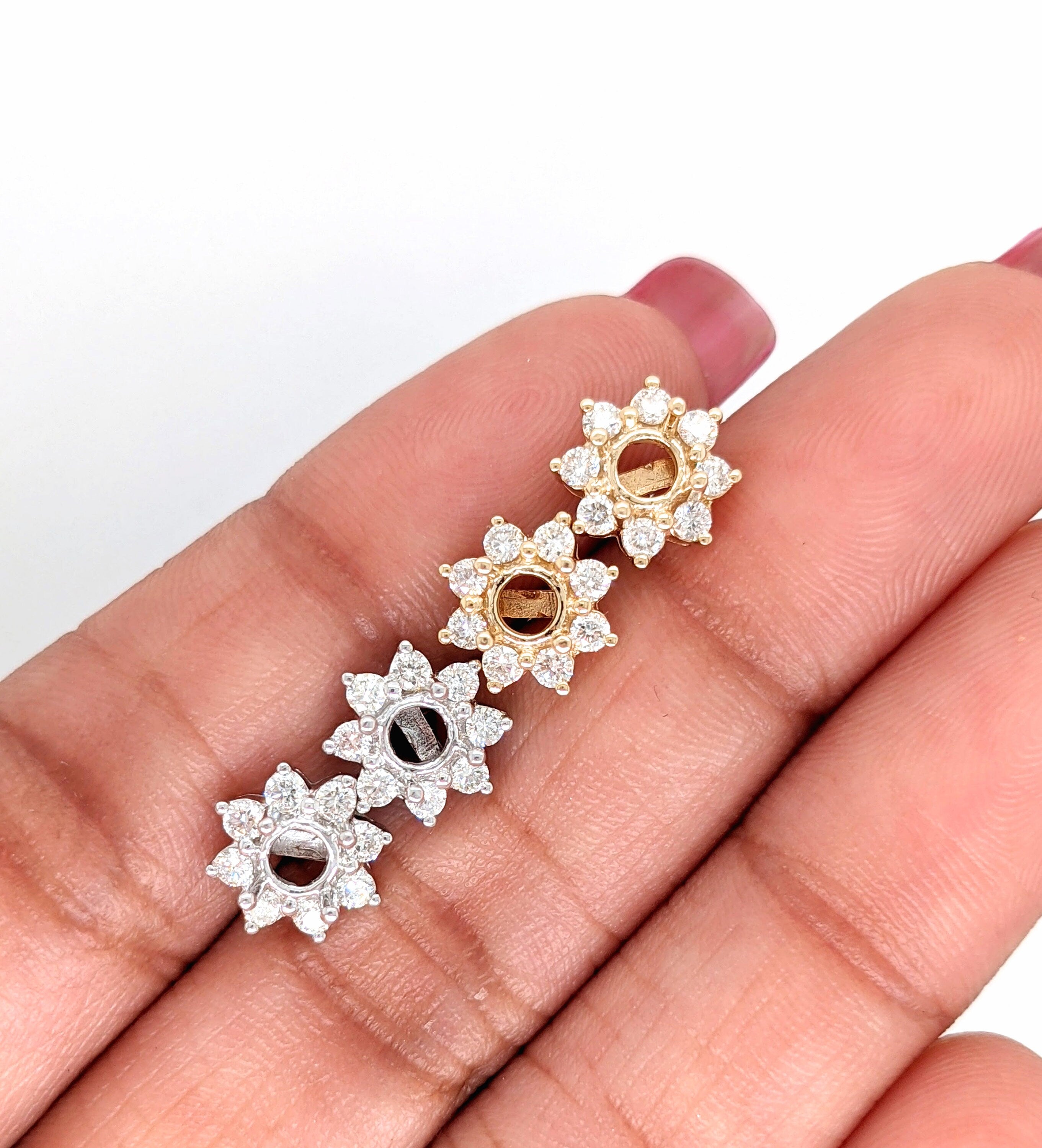 Stud Earrings-Floral Natural Diamond Halo Stud Earrings Setting in 14k Gold w Secure Push Back | Round 4mm | Snowflake Studs | Sun Earrings | Customizable - NNJGemstones