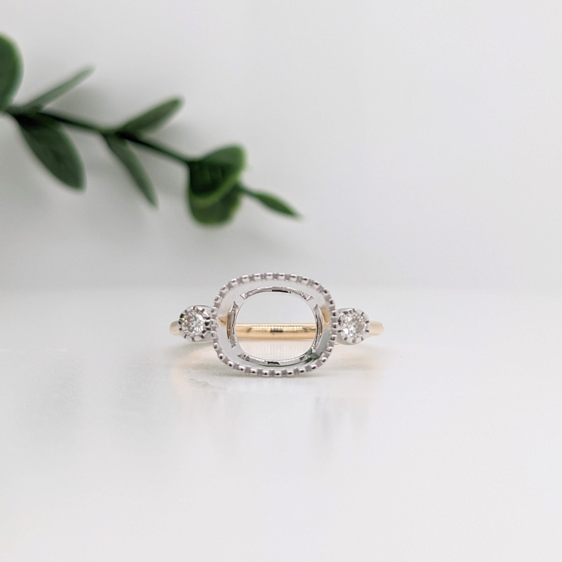 Statement Rings-East West Cushion Cut Ring Setting w Natural Diamond Accents and Milgrain Detail in 14K Solid Gold | 7x5 8x6 9x7 | Bezel Set | Customizable - NNJGemstones