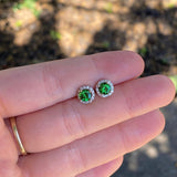 Stud Earrings-Vibrant Green Tsavorite Garnet Earrings in Solid 14K White Gold w Diamond Halo | Round 5mm | January Birthstone | Gemstone Stud | Push Back - NNJGemstones