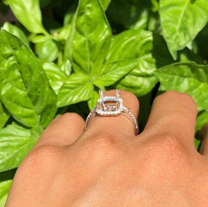 Engagement Rings-Lovely Diamond Halo Ring Setting with Accent Baguettes in Solid 14k White, Yellow or Rose Gold | Emerald Cut 7x5mm 8x6mm 9x7mm 10x8mm 11x9mm - NNJGemstones