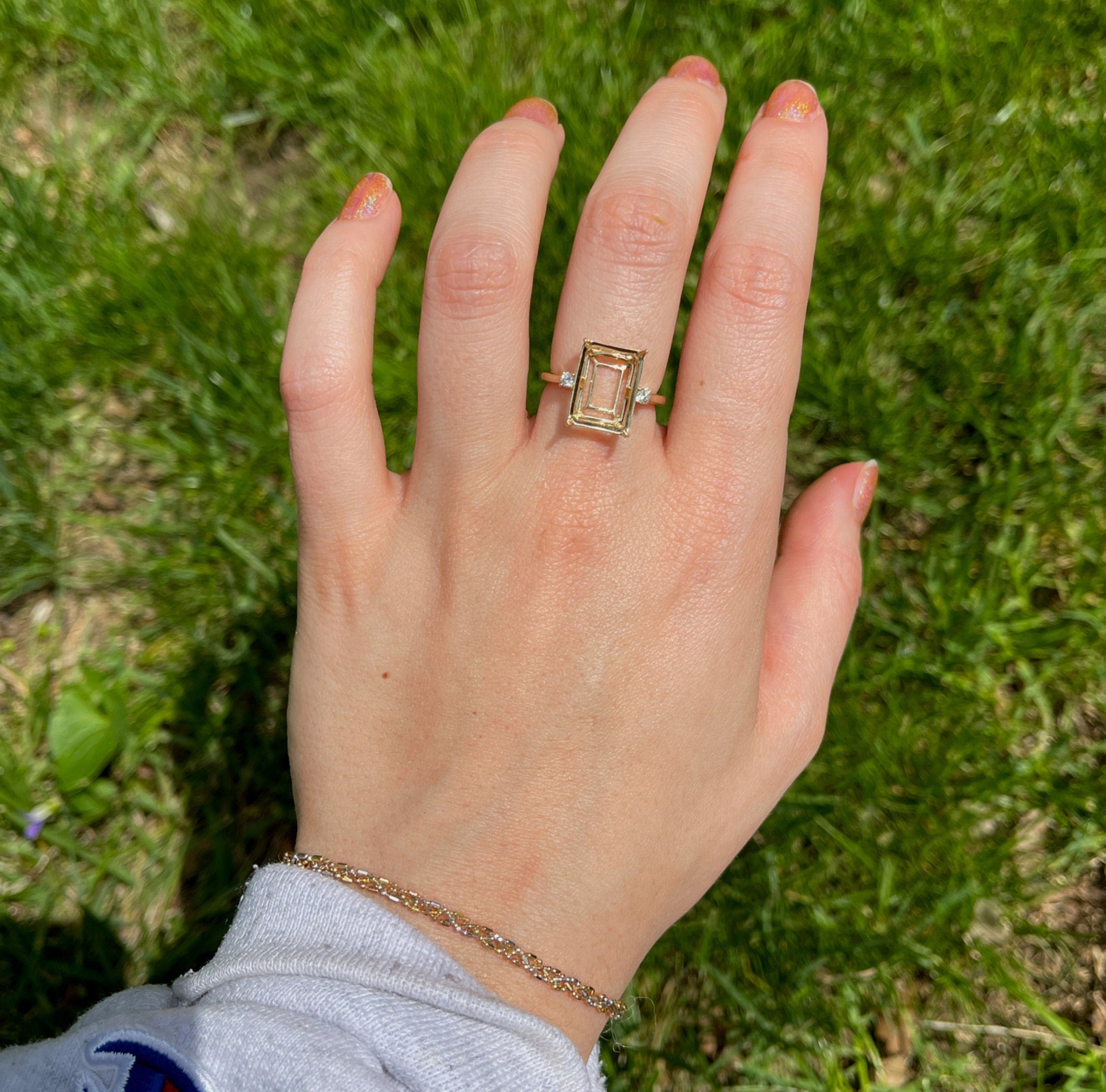 Statement Rings-Minimalist Diamond Accented Ring Setting in 14K Solid Gold | Emerald Cut 8x6 13x10 16x14 | Statement Ring | Tapered Shank | Customizable - NNJGemstones