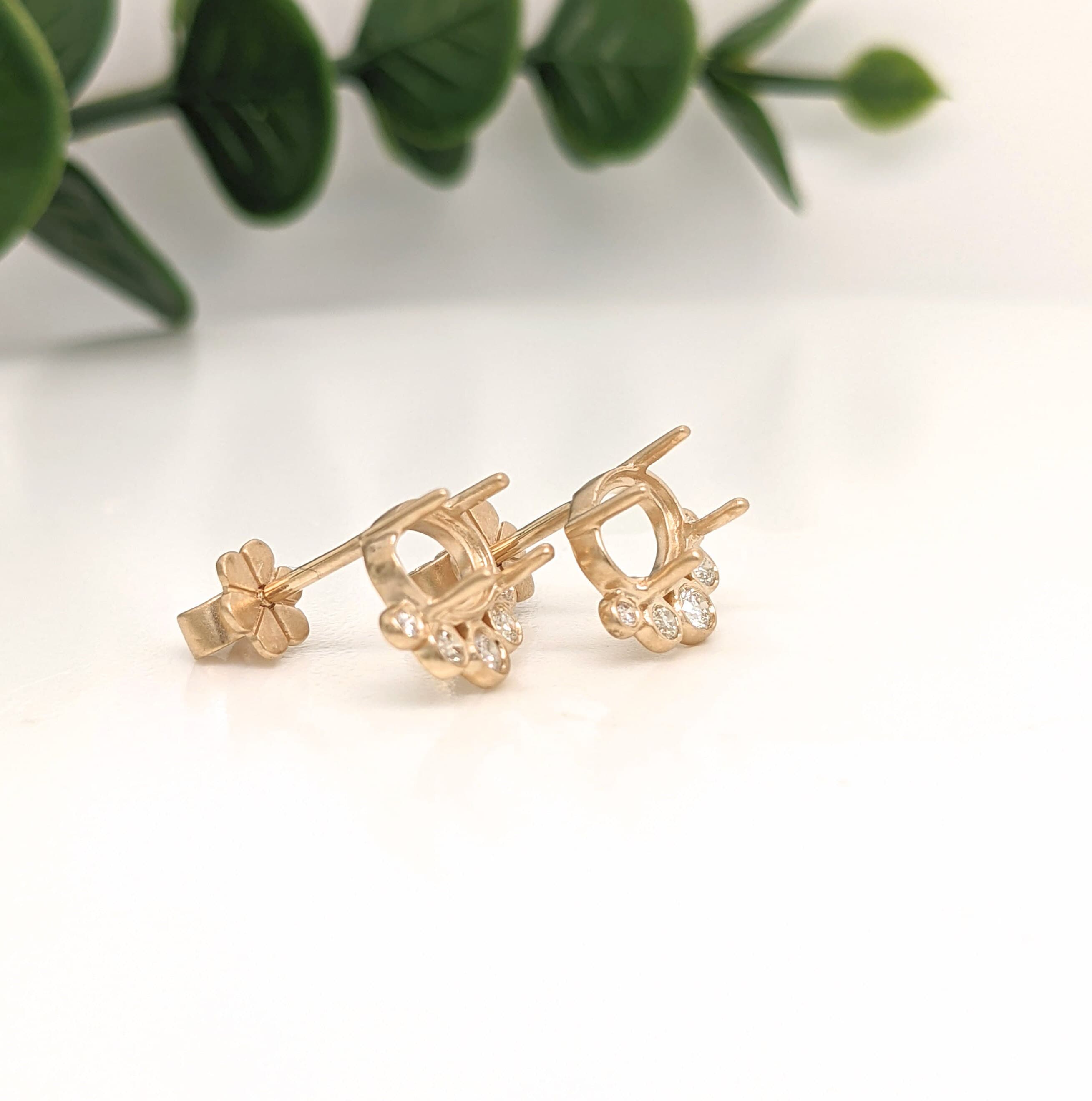 Stud Earrings-Cute Daily Wear Earring Stud Semi Mount in 14K Matte Gold w Bezel Set Graduated Diamond Accents | Oval 7x5mm Cabochon | Matte or Polish Gold - NNJGemstones