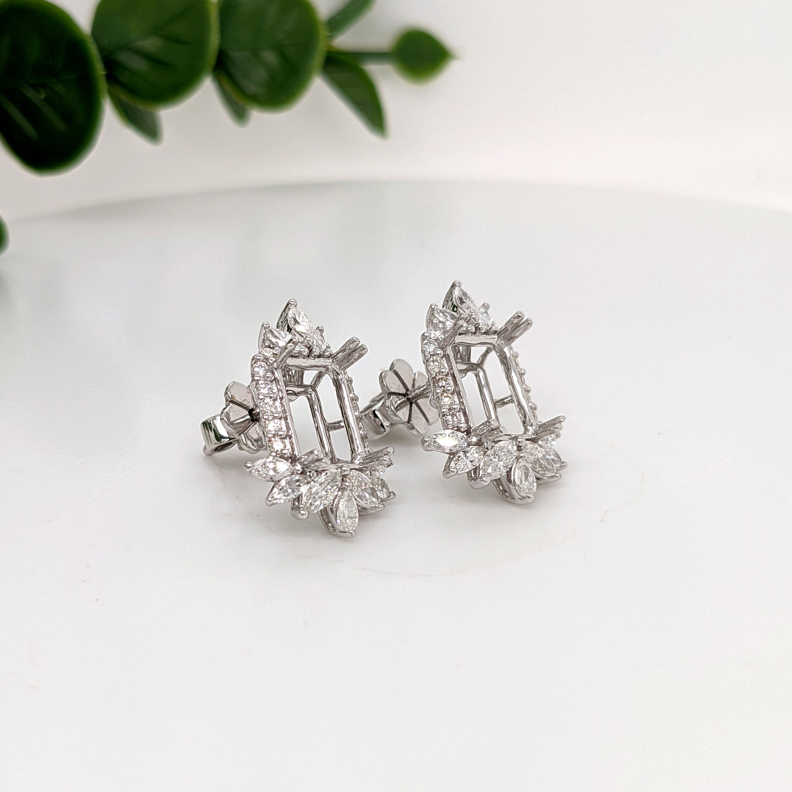Stud Earrings-Stunning Vintage Design Earring Semi Mount w Natural Diamond Halo and Marquis Diamond Fan Accents in 14K Gold | Push Back | Setting | Custom - NNJGemstones