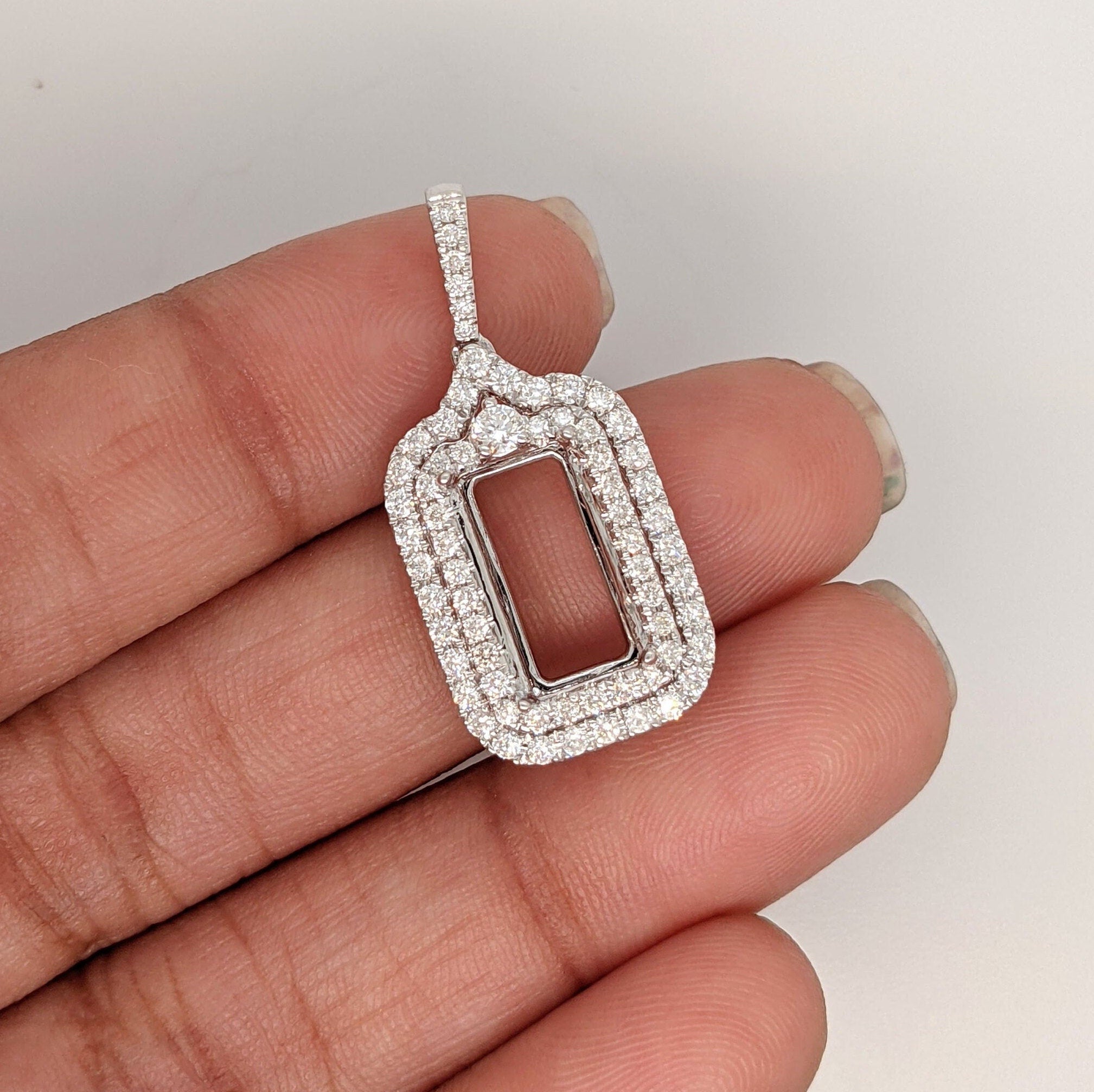 Pendants-Double Diamond Halo Pendant Semi Mount in Solid 14K Gold | Baguette | Emerald Cut | Radiant | Necklace | Custom Jewelry - NNJGemstones