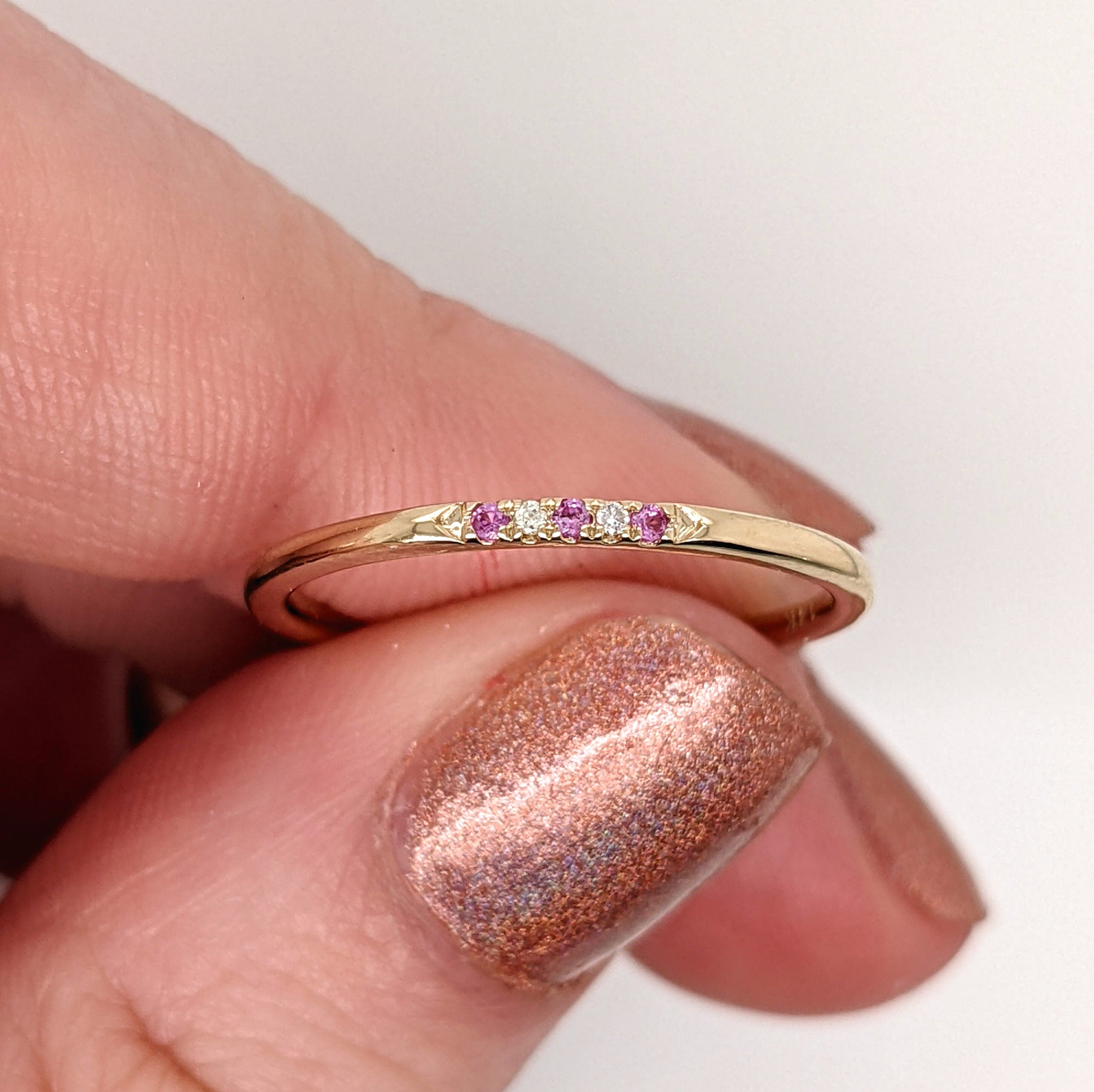 Bands-Natural Earth Mined Pink Sapphire and Diamond Band in Solid 14k Yellow, White or Rose Gold | Straight | Stackable | September Birthstone - NNJGemstones