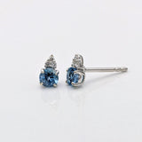 Stud Earrings-Dainty Aquamarine Stud Earring w/ 3 Diamonds 14k Solid White, Rose, or Yellow Gold I Secure Push Back I Round 4mm 5mm 6mm I March Birthstone - NNJGemstones