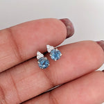 Stud Earrings-Dainty Aquamarine Stud Earring w/ 3 Diamonds 14k Solid White, Rose, or Yellow Gold I Secure Push Back I Round 4mm 5mm 6mm I March Birthstone - NNJGemstones