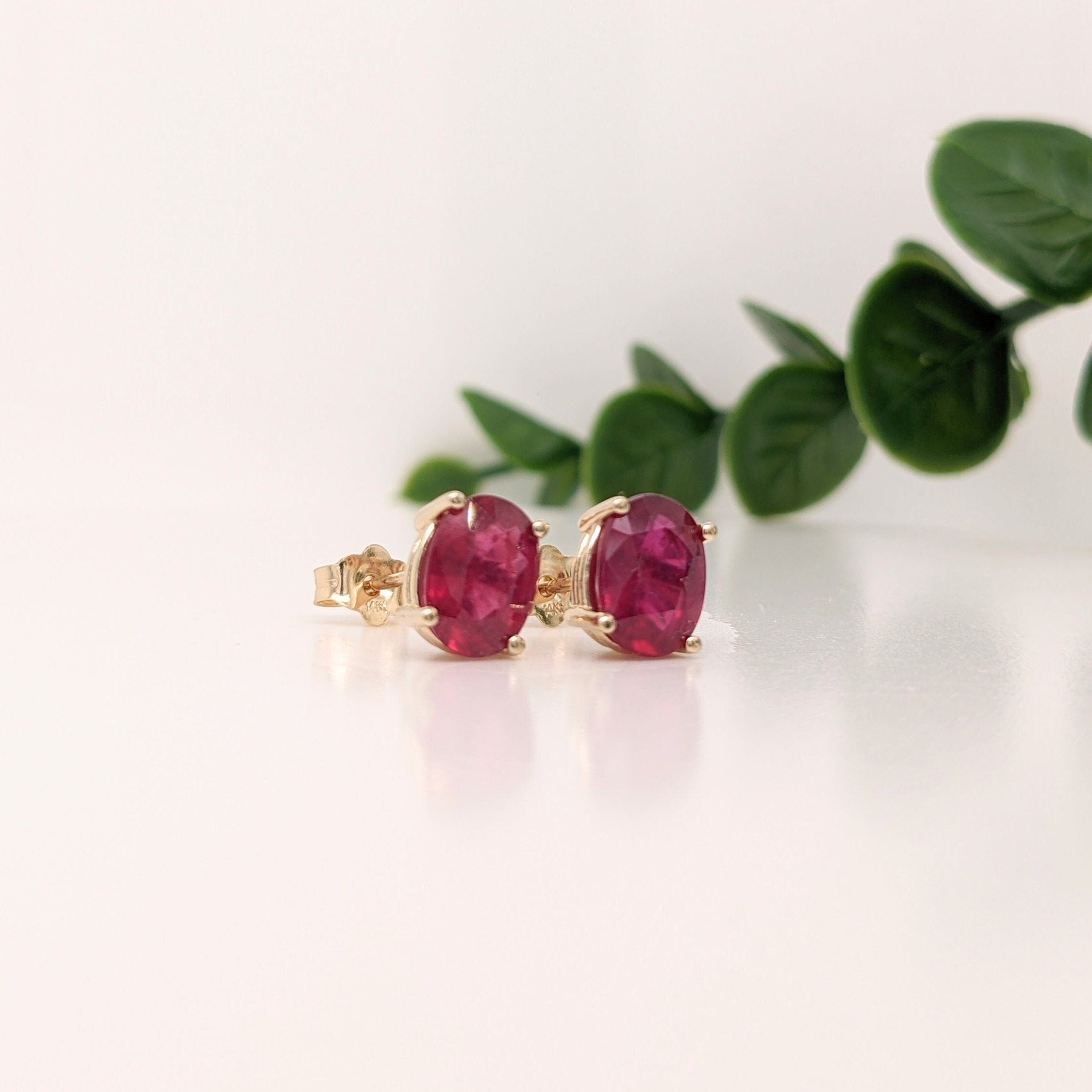 Stud Earrings-Filled Ruby Stud Earrings in Solid 14k White, Yellow or Rose Gold | Push Backs | Oval 6x4mm 7x5mm 8x6mm 9x7mm 10x8mm | July - NNJGemstones