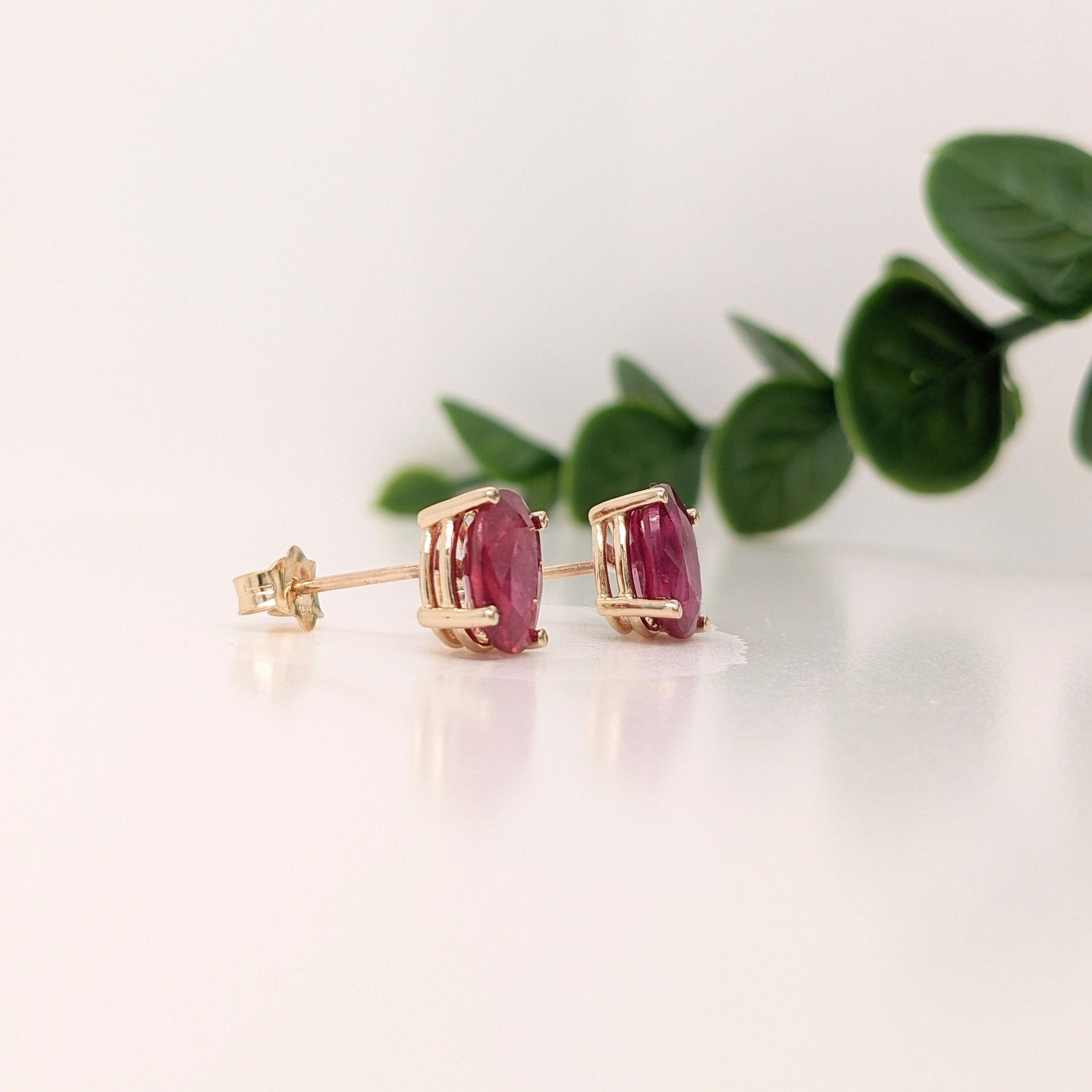 Stud Earrings-Filled Ruby Stud Earrings in Solid 14k White, Yellow or Rose Gold | Push Backs | Oval 6x4mm 7x5mm 8x6mm 9x7mm 10x8mm | July - NNJGemstones