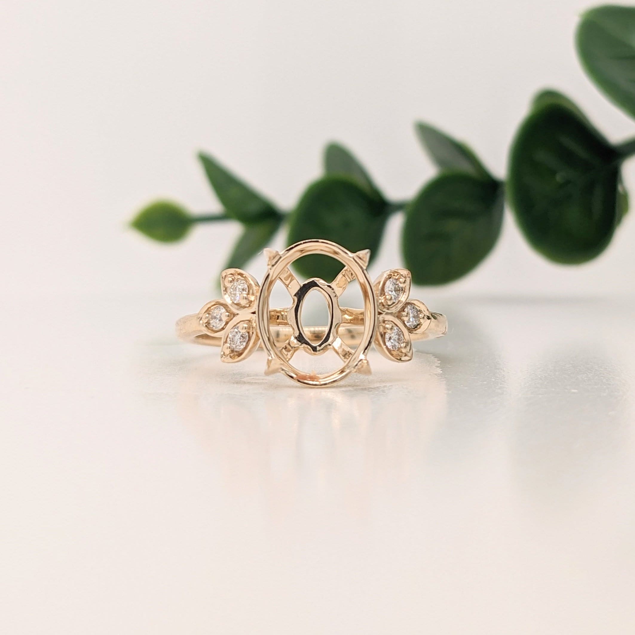 Statement Rings-Beautiful Ring Setting W Marquise Diamond Accents in 14k Solid Gold | Oval 9x7 10x8 11x9 | Gemstone Setting | Fine Jewelry | Customizable - NNJGemstones