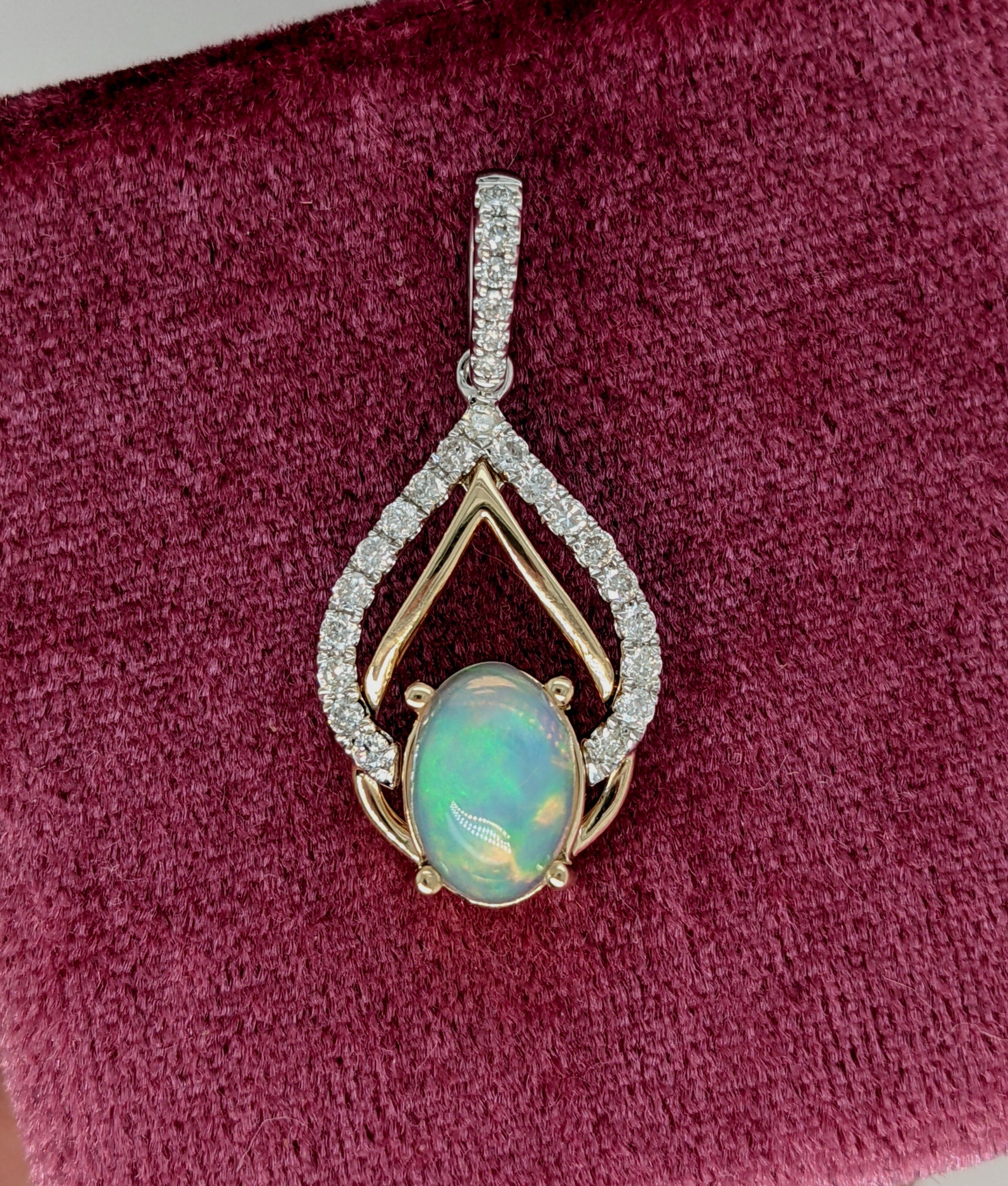 Pendants-Multi Color Ethiopian Opal Pendant in 14K Solid Gold W Diamond Accents & Diamond Studded Bail | Oval 9x7mm | Play of Fire | Customizable - NNJGemstones