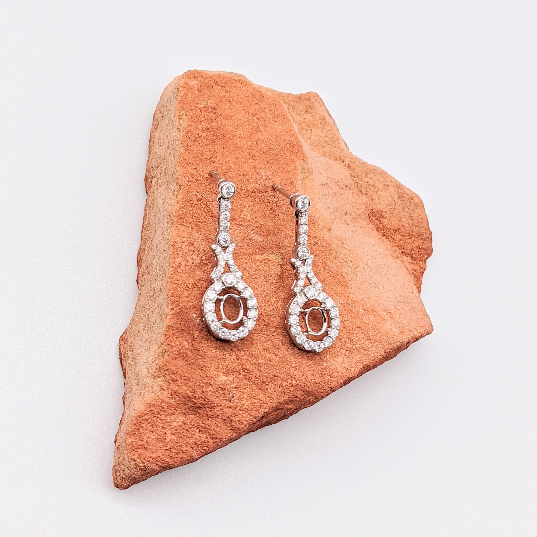 Dangle & Drop Earrings-Lovely Natural Diamond Dangling Earring Semi Mounts in Solid 14k Gold | 5x3.5mm Oval Center Setting | Gemstone Stone Setting | Customizable - NNJGemstones