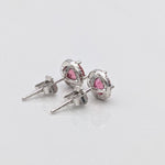 Stud Earrings-Bright Pink Tourmaline & Diamond Halo Studs in 14k White Gold | Round 4mm Rubellite Earrings | October Birthstone | Bubblegum Pink | Custom - NNJGemstones