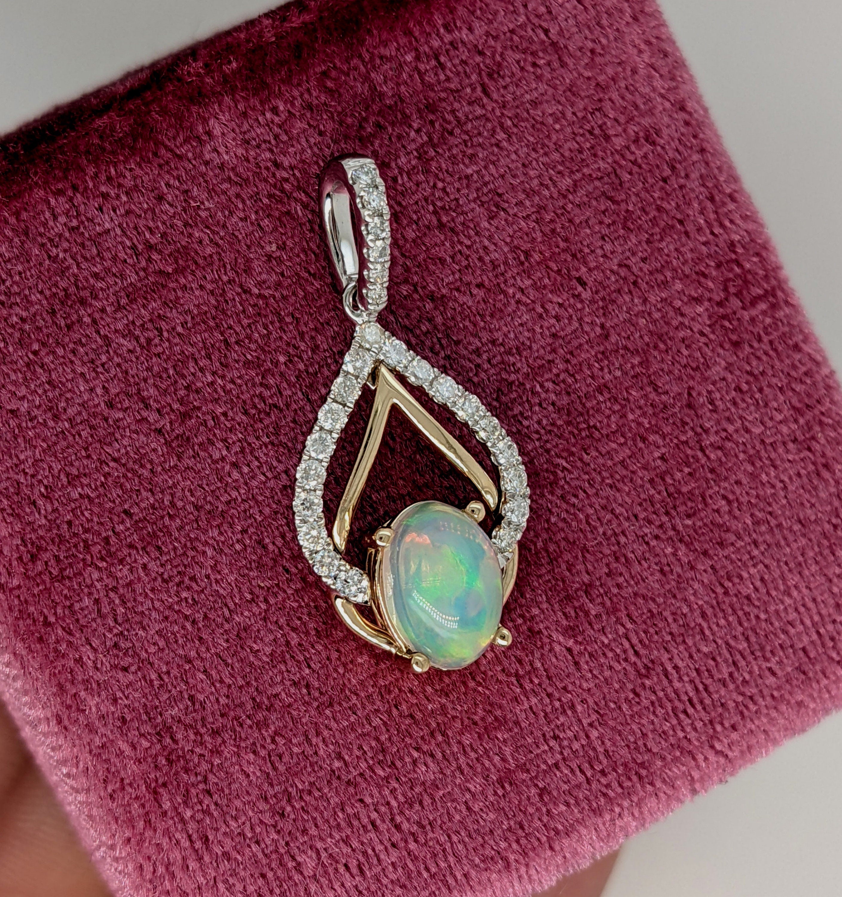 Pendants-Multi Color Ethiopian Opal Pendant in 14K Solid Gold W Diamond Accents & Diamond Studded Bail | Oval 9x7mm | Play of Fire | Customizable - NNJGemstones