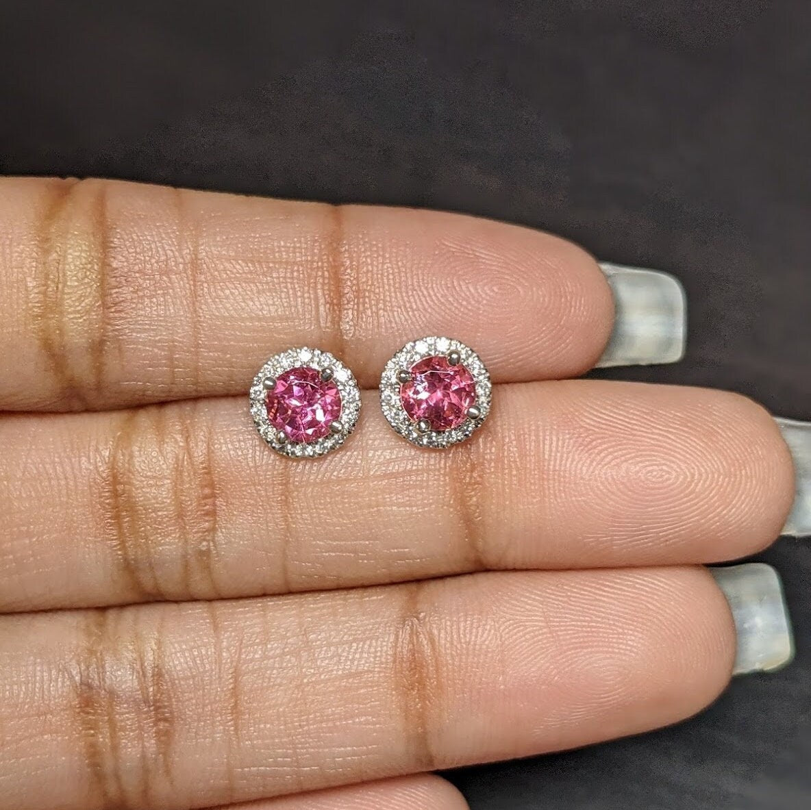 Stud Earrings-Bright Pink Tourmaline & Diamond Halo Studs in 14k White Gold | Round 4mm Rubellite Earrings | October Birthstone | Bubblegum Pink | Custom - NNJGemstones