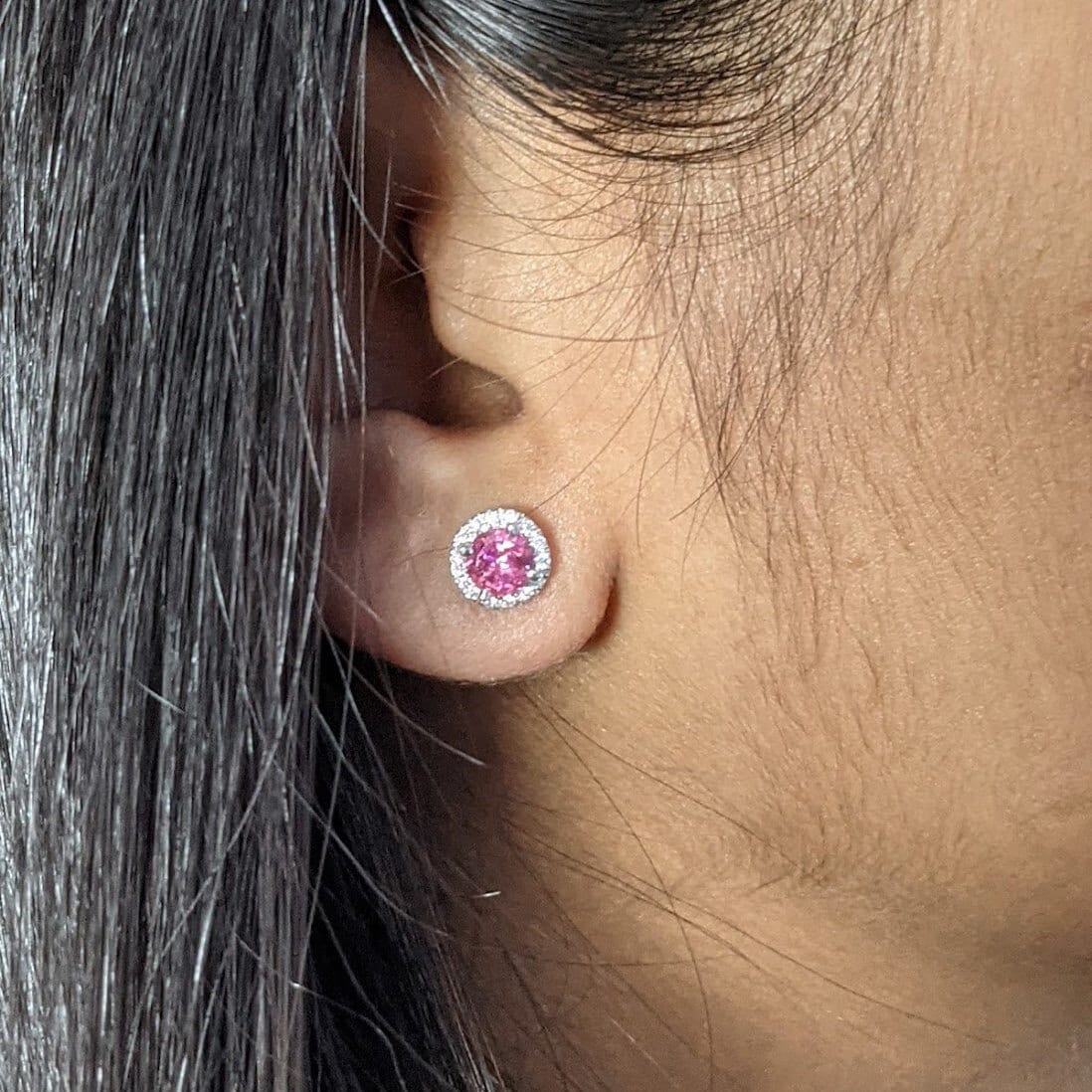 Stud Earrings-Bright Pink Tourmaline & Diamond Halo Studs in 14k White Gold | Round 4mm Rubellite Earrings | October Birthstone | Bubblegum Pink | Custom - NNJGemstones