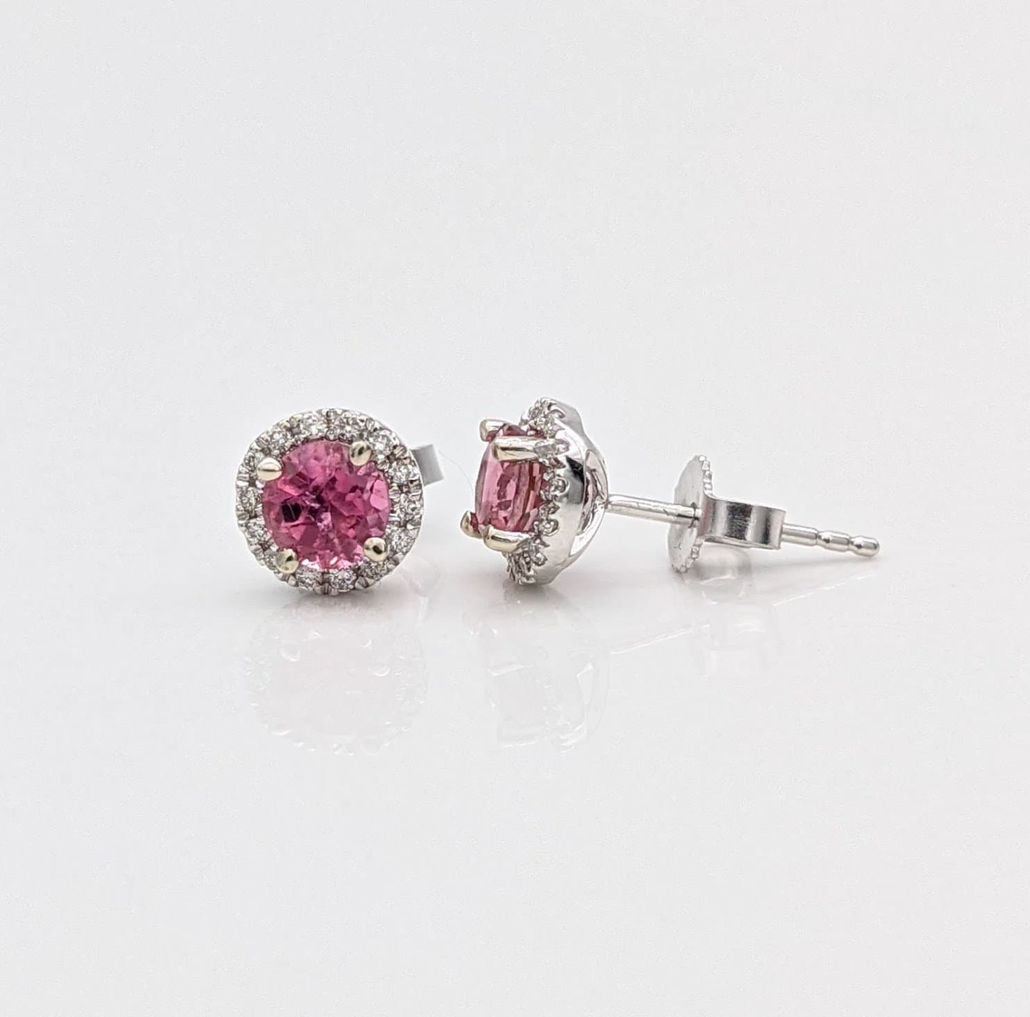 Stud Earrings-Bright Pink Tourmaline & Diamond Halo Studs in 14k White Gold | Round 4mm Rubellite Earrings | October Birthstone | Bubblegum Pink | Custom - NNJGemstones