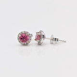 Stud Earrings-Bright Pink Tourmaline & Diamond Halo Studs in 14k White Gold | Round 4mm Rubellite Earrings | October Birthstone | Bubblegum Pink | Custom - NNJGemstones