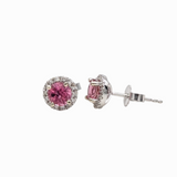 Bright Pink Tourmaline & Diamond Halo Studs in 14k Gold | Round 4mm Rubellite Earrings | October Birthstone | Bubblegum Pink | Custom