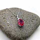 Pendants-Classy AAA Red Madagascar Ruby Pendant in Solid 14K Gold w Three Earth Mined Accent Diamonds | Oval 10x8mm | Slide Pendant | Ruby Necklace - NNJGemstones