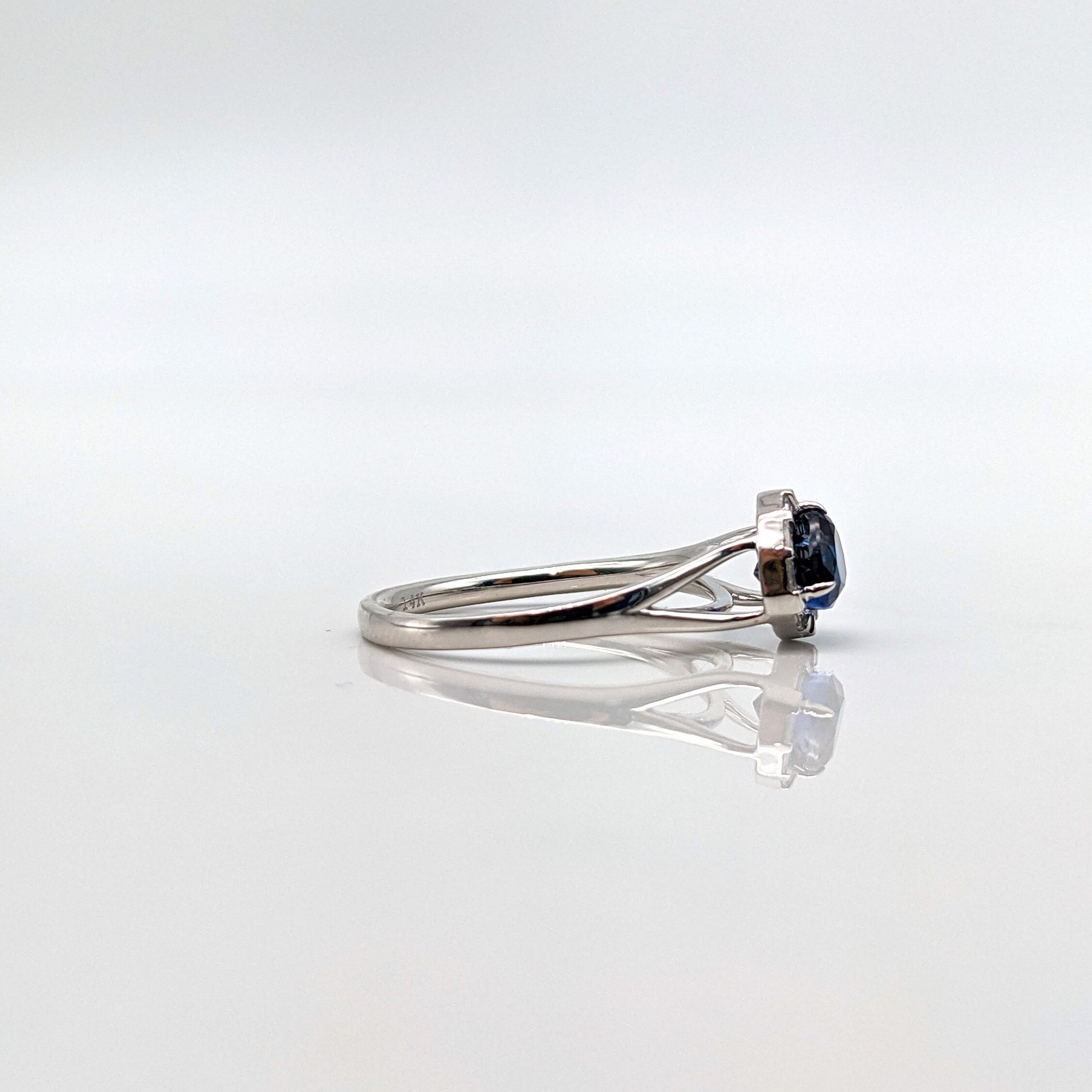 Statement Rings-Trillion Sapphire Ring Accented w Natural Diamond Baguettes in Solid 14k White Gold | Open Gallery | Cathedral Shank | 5x6mm - NNJGemstones