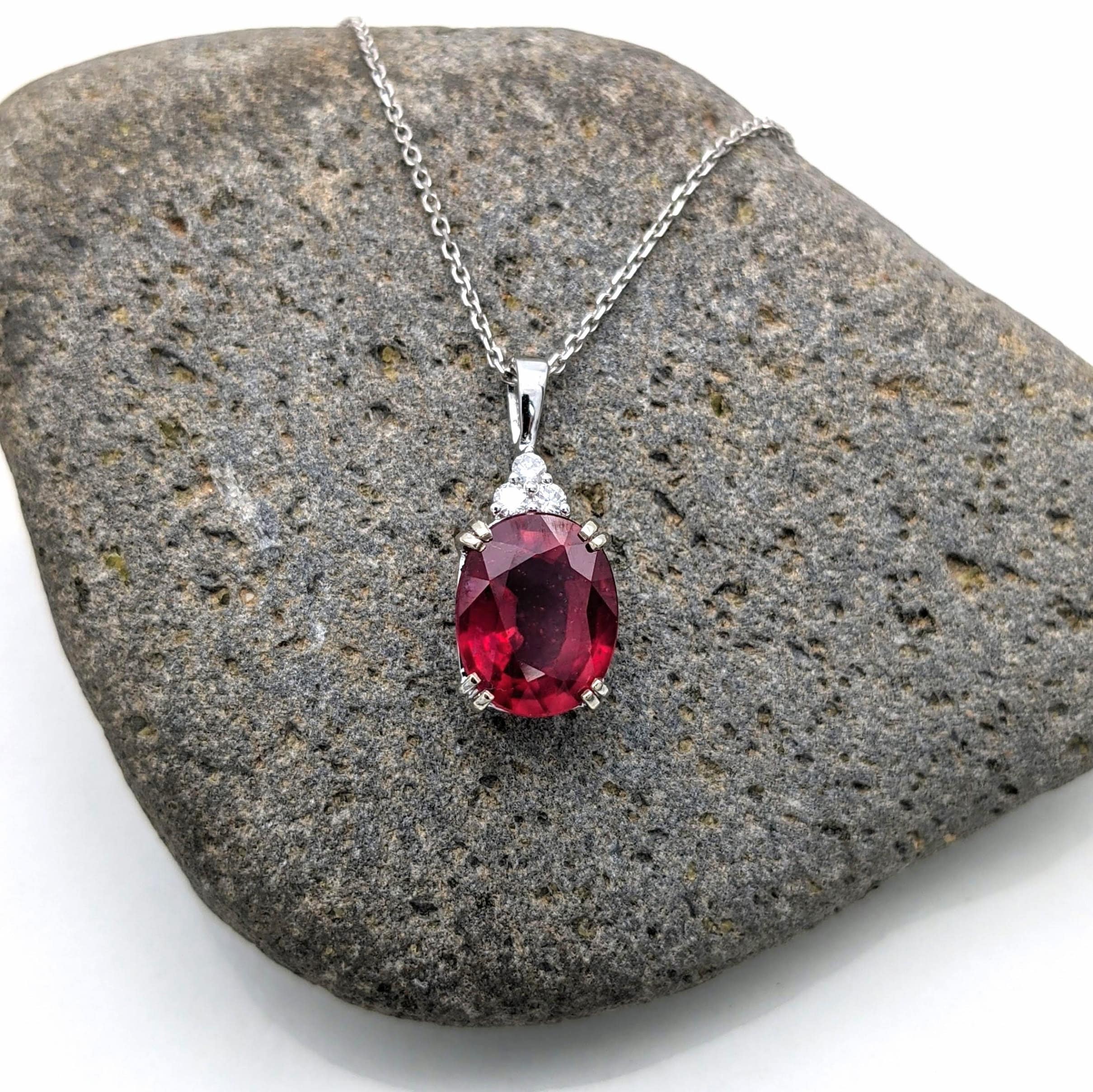 Pendants-Classy AAA Red Madagascar Ruby Pendant in Solid 14K Gold w Three Earth Mined Accent Diamonds | Oval 10x8mm | Slide Pendant | Ruby Necklace - NNJGemstones